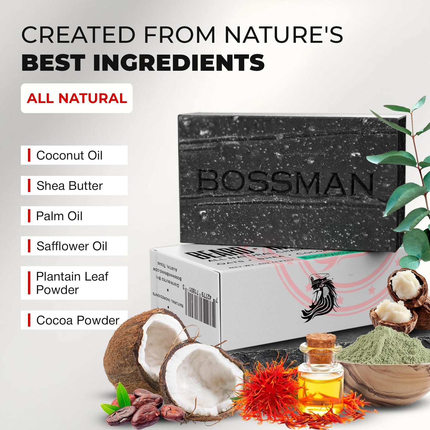 Bossman 4-in-1 Bar Soap for Men (4 oz) – All-Natural Beard Wash, Shampoo, Body Wash & Shaving Soap – Eucalyptus & Tea Tree Scent