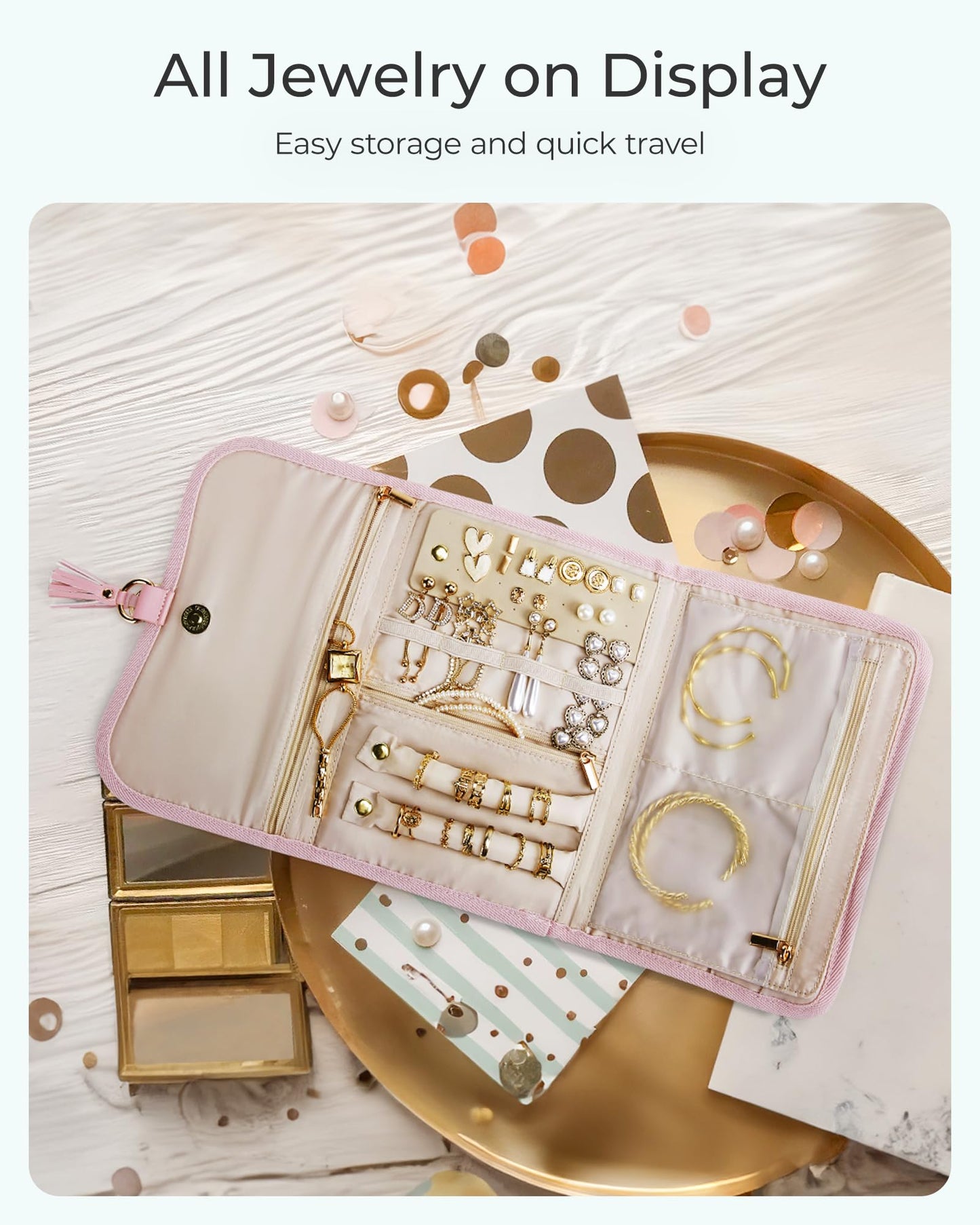 BAGSMART Travel Jewelry Case Organizer, Roll Foldable Jewelry Case for Journey-Rings, Necklaces, Earrings, Bracelets, Brooches, Portable Travel Essentials, Purple