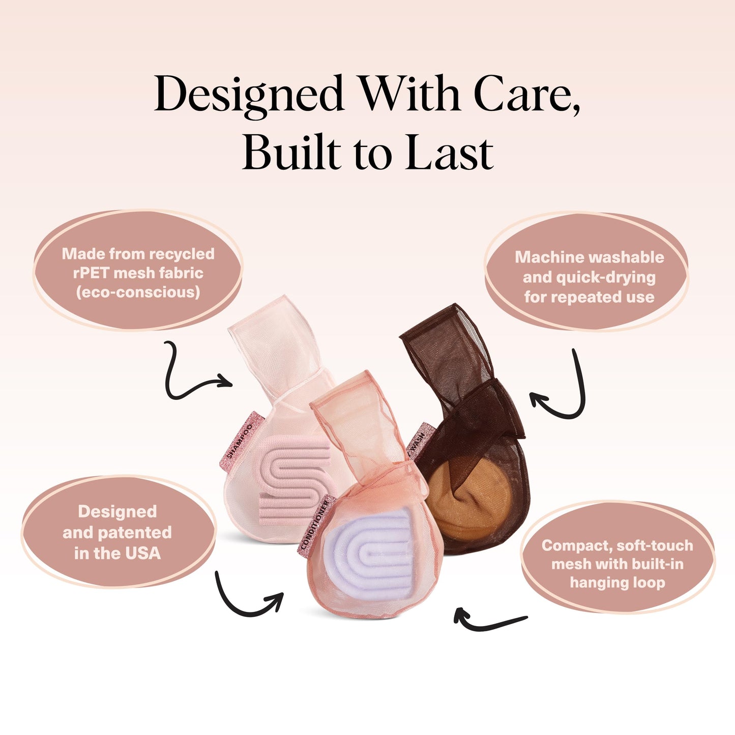 Kitsch Bar Soap Saver Bag – Patented Mesh Bag Soap Holder for Shampoo, Conditioner & Body Wash Bar - Extends Use & Prevents Soggy Mess - Recycled Mesh Pouch - Blush, Terracotta & Chocolate, 3pc Set