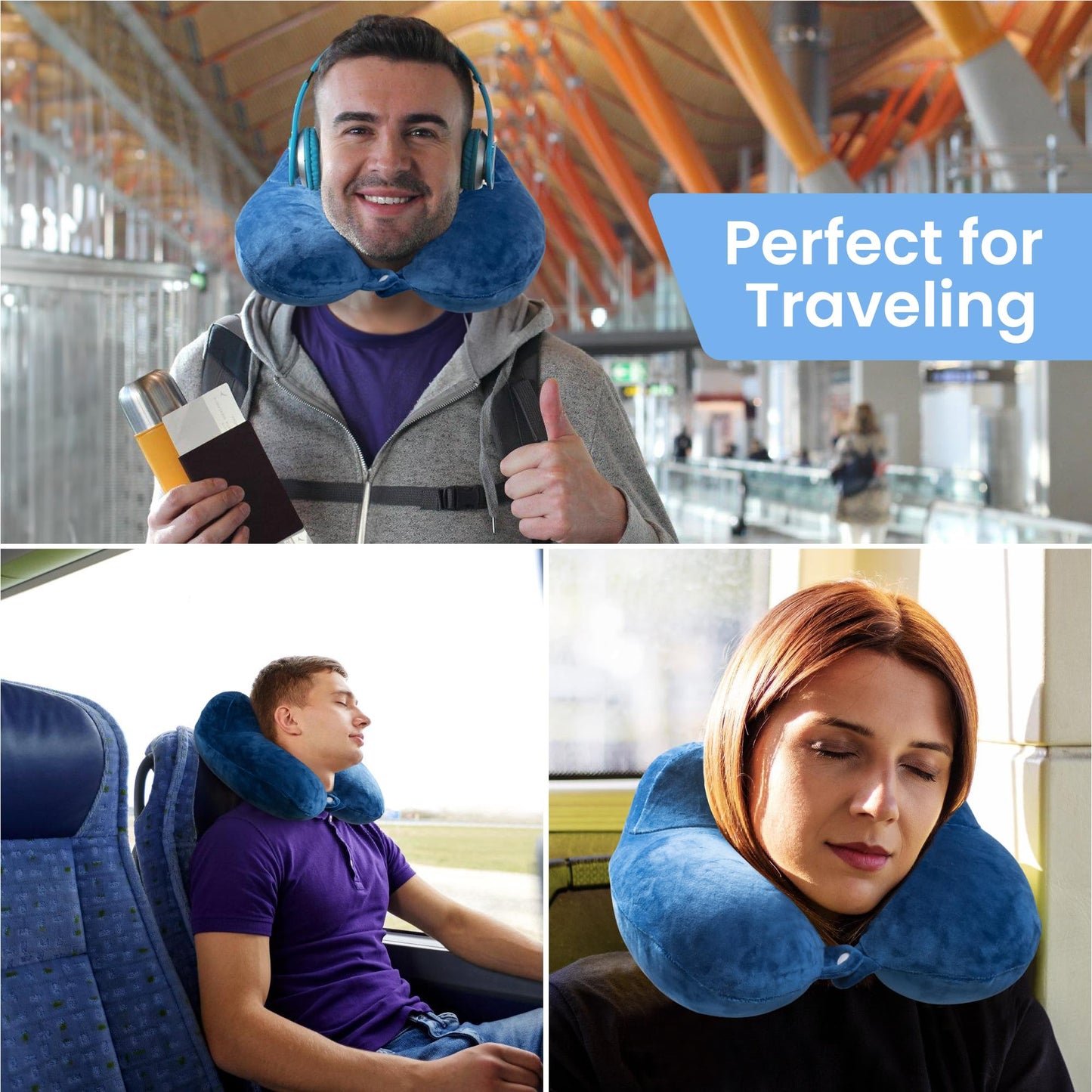 Anmerl Inflatable Travel Pillow Soft Velvet Portable Neck Pillow with Storage Bag for Airplane Train Car Office