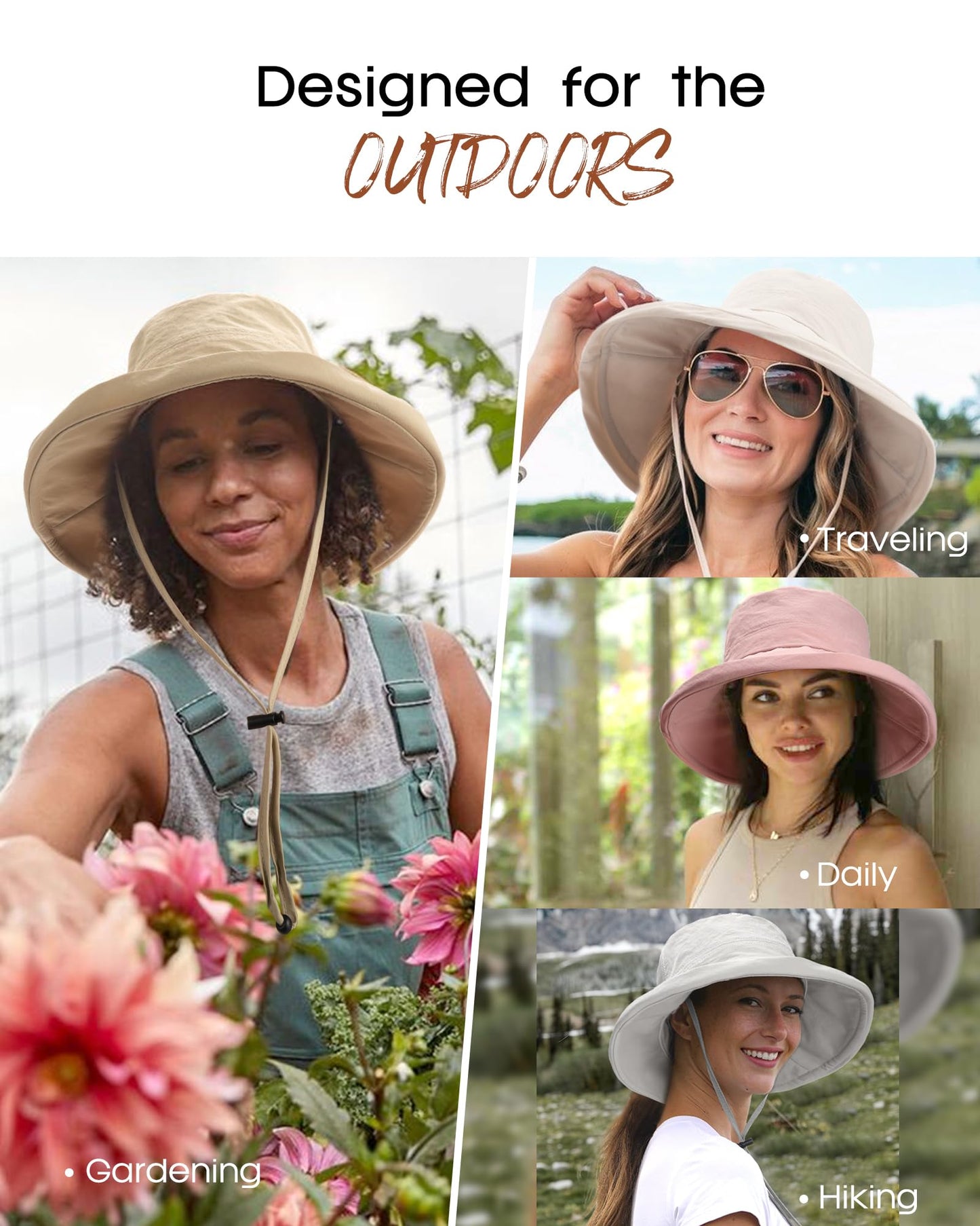 FURTALK Wide Brim Sun Hat with Ponytail Hole for Women UPF 80+ UV Protection Packable Bucket Hiking Travel Outdoor Hat Khaki