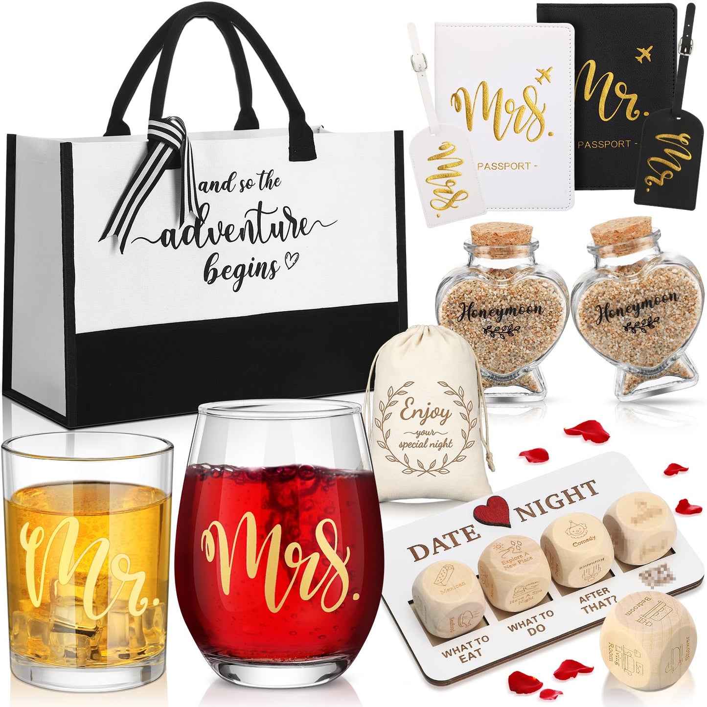 Sunnychicc 16 Pcs Wedding Honeymoon Gifts for Couple Mr Mrs Newlyweds Bridal Shower Engagement Gifts with Glass Date Night Dice Passport Baggage Holder Jar Tote Bag(Mr and Mrs)