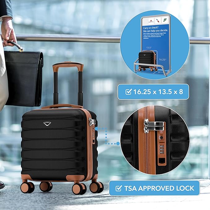 Carry On Suitcase Hardside TSA Lock & USB Port Silent Double Spinner Wheels Maximum Underseat Carry-On Bag For Virgin & South West Approved Airlines( 16.25x13.5x8" ,Black/Tan )