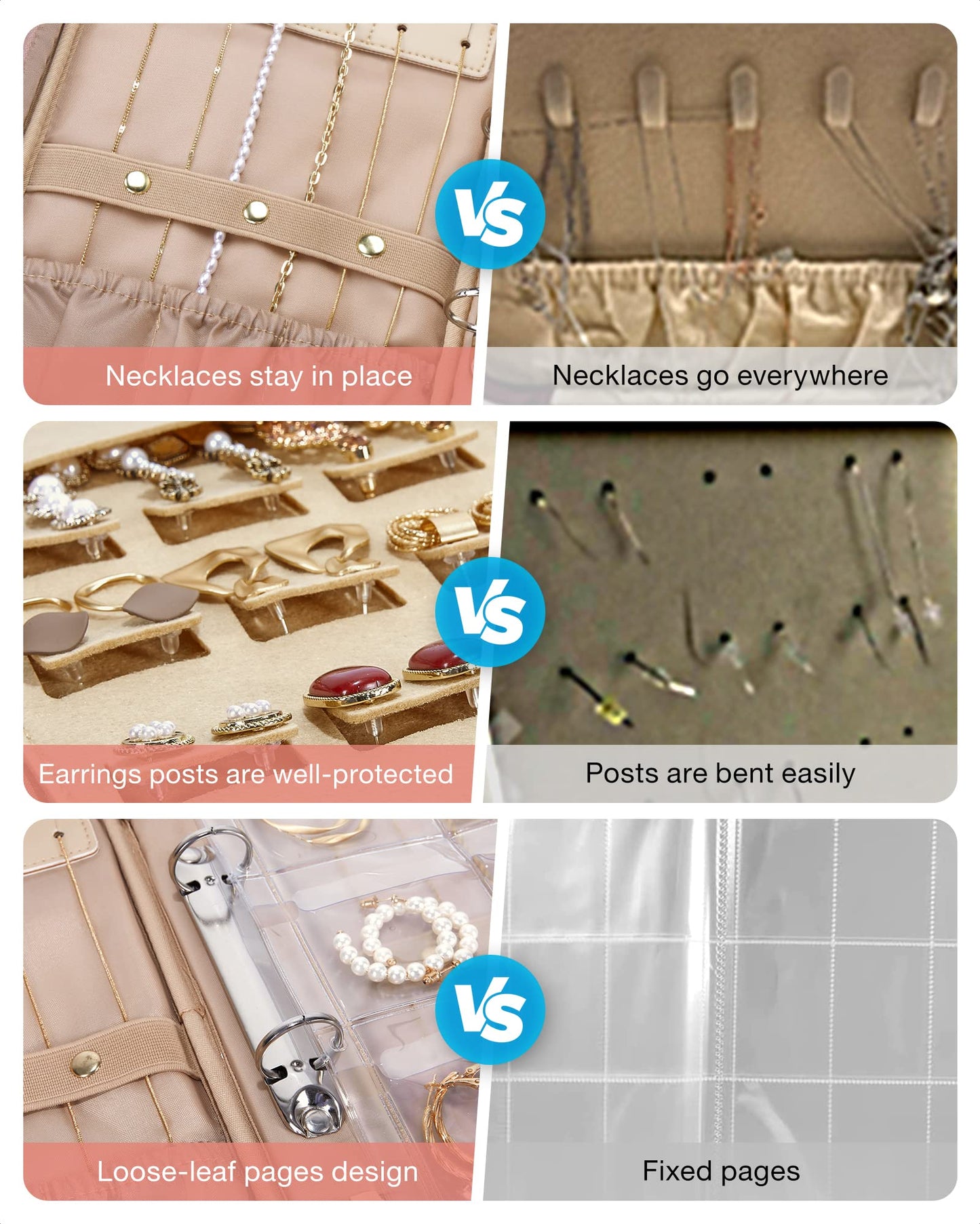 BAGSMART Large Jewelry Travel Organizer Case for Home Jewelry Organizer Storage Ring Binder Jewelry Bags Clear Jewelry Rolls Zipper Pouch Bag for Necklaces, Earrings, Rings, Bracelets, Pink