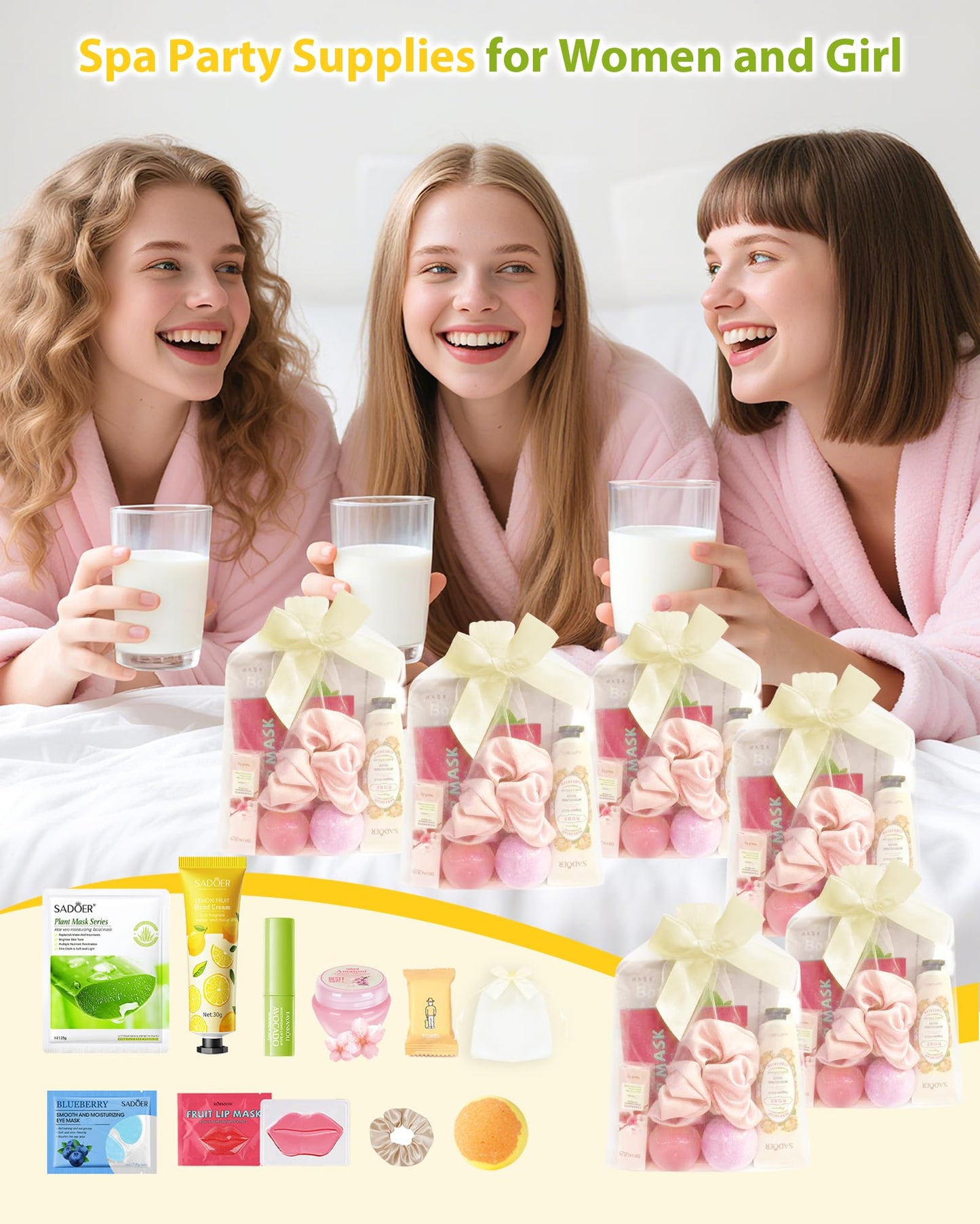 60 PCS Spa Party Supplies for Girl,Spa Party Favors kits Include Face Masks Skincare,Hand Cream, Lip Balm,Under Eye Patches,Lip Mask,Foot Bath Bombs,Women Ideal Gift Bulk Birthday Sleepover Spa Party