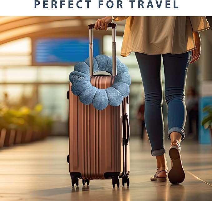 Total Pillow Donut Pillow for Airplane & Travel, Sleeping Neck Pillow, Microbead Comfortable Pillow for Neck, Head, Back, Lumbar & Pelvic Support, Twists to Many Positions - Blue