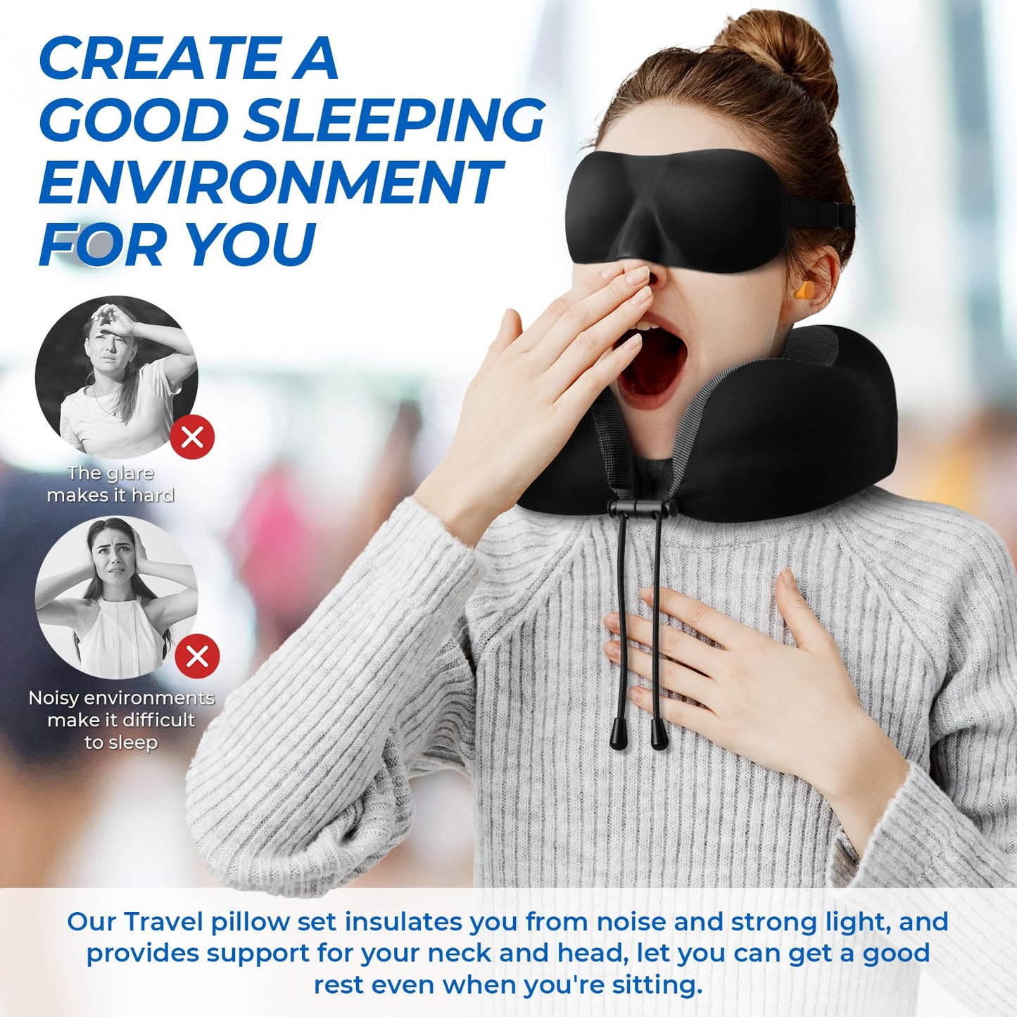 ExploreBliss Travel Pillow, Travel Pillows for Sleeping Airplane, Removable Cover Neck Pillow with Adjustable Clasp, Memory Foam Neck Pillow Set with Eye Mask, Earplugs and Storage Bag (Black)