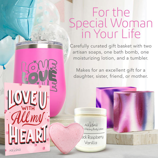 Love Spa Gift Basket for Women - Self Care Basket, Relaxation, Pampering Gift for Girlfriend, Wife, Mom, Sister, Friends - Birthday Bundles, Mothers Day, Anniversary, Valentines Day Gift Set for Her