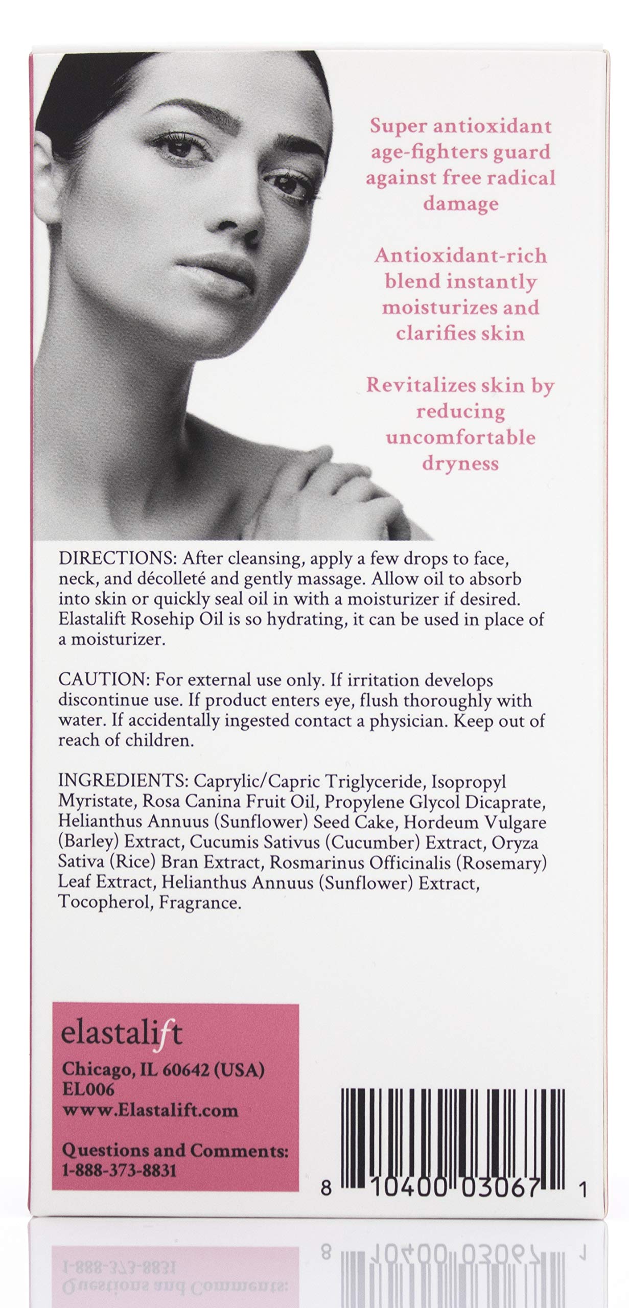 Elastalift Rosehip Oil for face with Vitamin C and Cucumber. Pure Rosehip face oil helps with Wrinkles, Scarring, and Redness for a brighter skin complexion. 1.8 Fl Oz