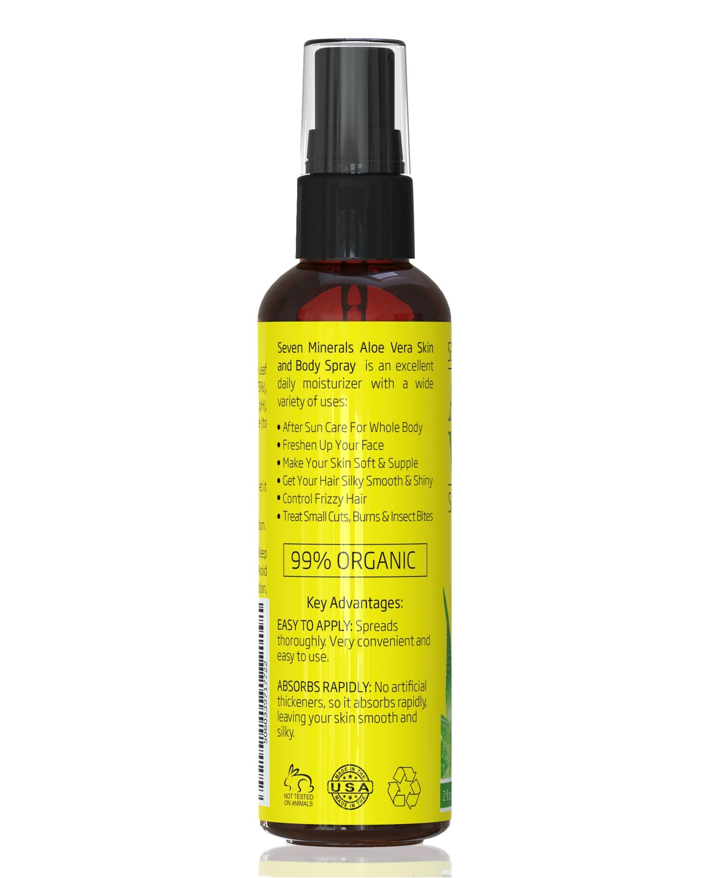 Seven Minerals Travel Size Organic Aloe Vera Spray with 100% Pure Aloe From Freshly Cut Aloe Plant, Not Powder - No Xanthan,So It Absorbs Rapidly With No Sticky Residue (2 fl oz)