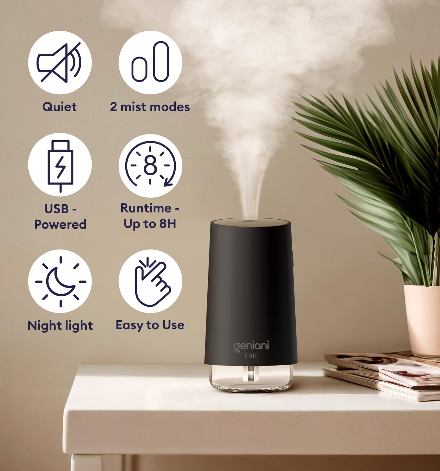 GENIANI Portable Small Cool Mist Humidifier β USB Powered (Not Rechargeable), Compact Desktop Humidifier for Plants, Office, Baby Room β Auto Shut Off & Night Light β Black, 0.25L