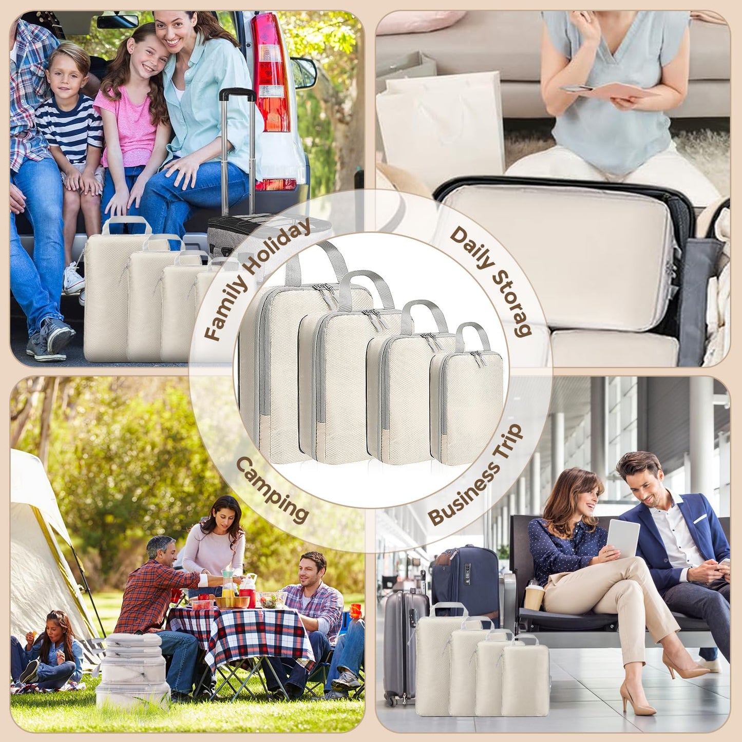 4 Set Compression Packing Cubes for Suitcase - Space-Saving Luggage Organizer Bags, Lightweight Travel Essentials for Efficient Packing (Beige)