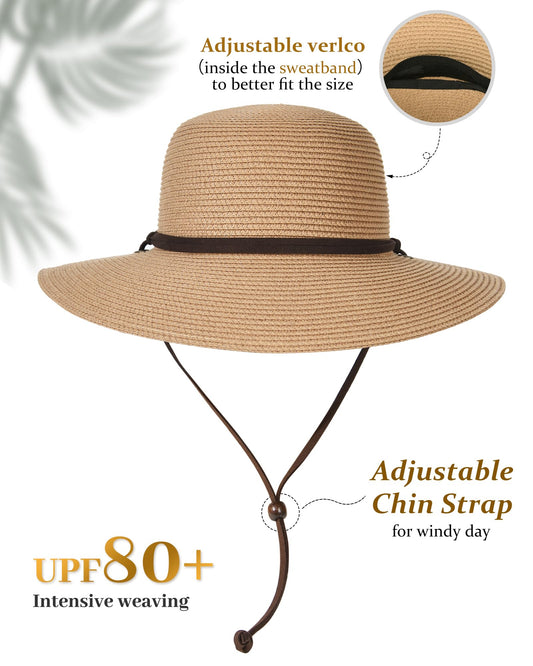 FURTALK Womens Wide Brim Sun Hat with Wind Lanyard UPF Summer Straw Sun Hats for Women Khaki