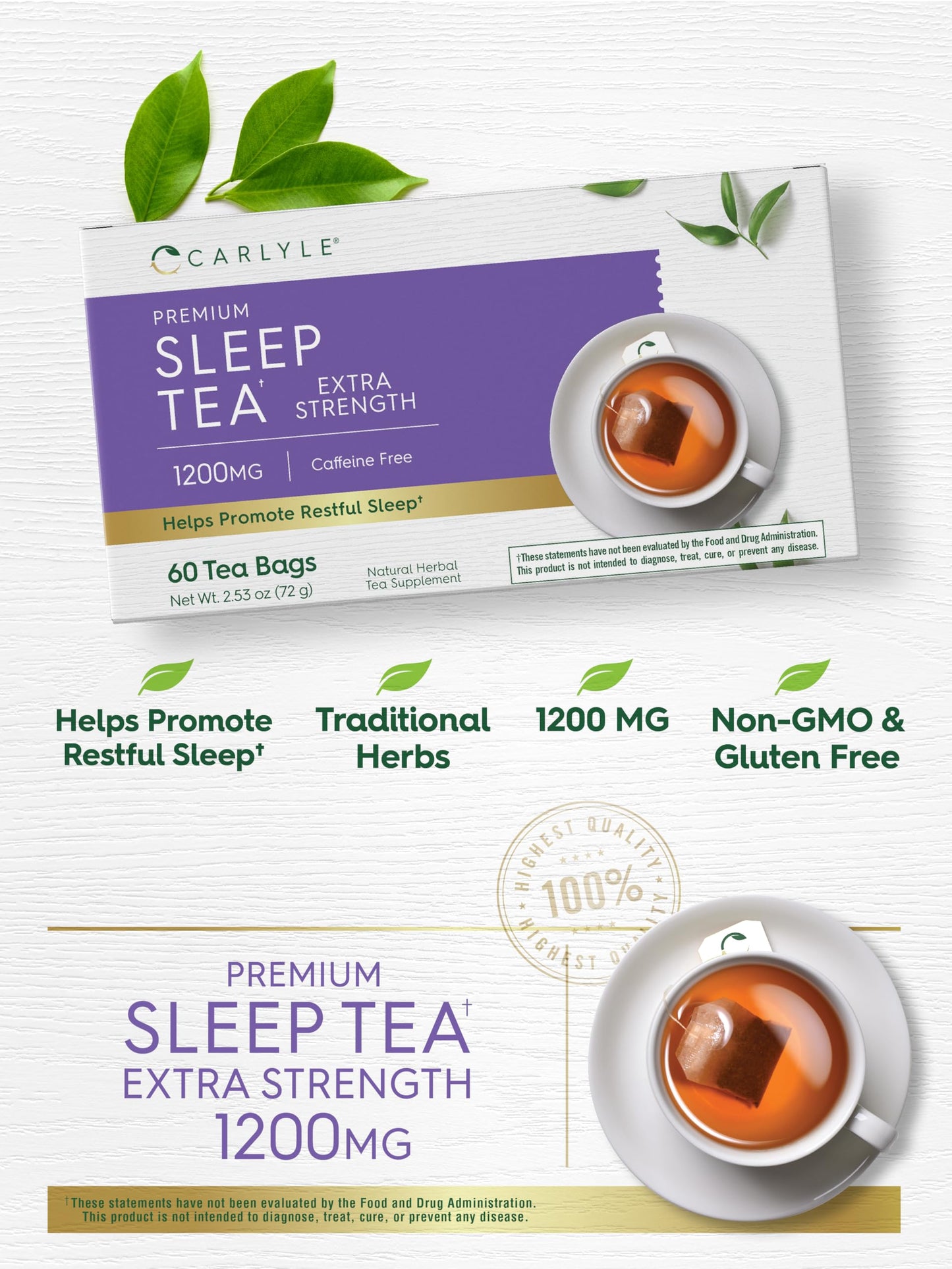 Carlyle Sleep Tea for Bedtime Extra Strength | 60 Bags | Caffeine Free | Herbal Blend with Valerian Root | Vegetarian, Non-GMO & Gluten Free