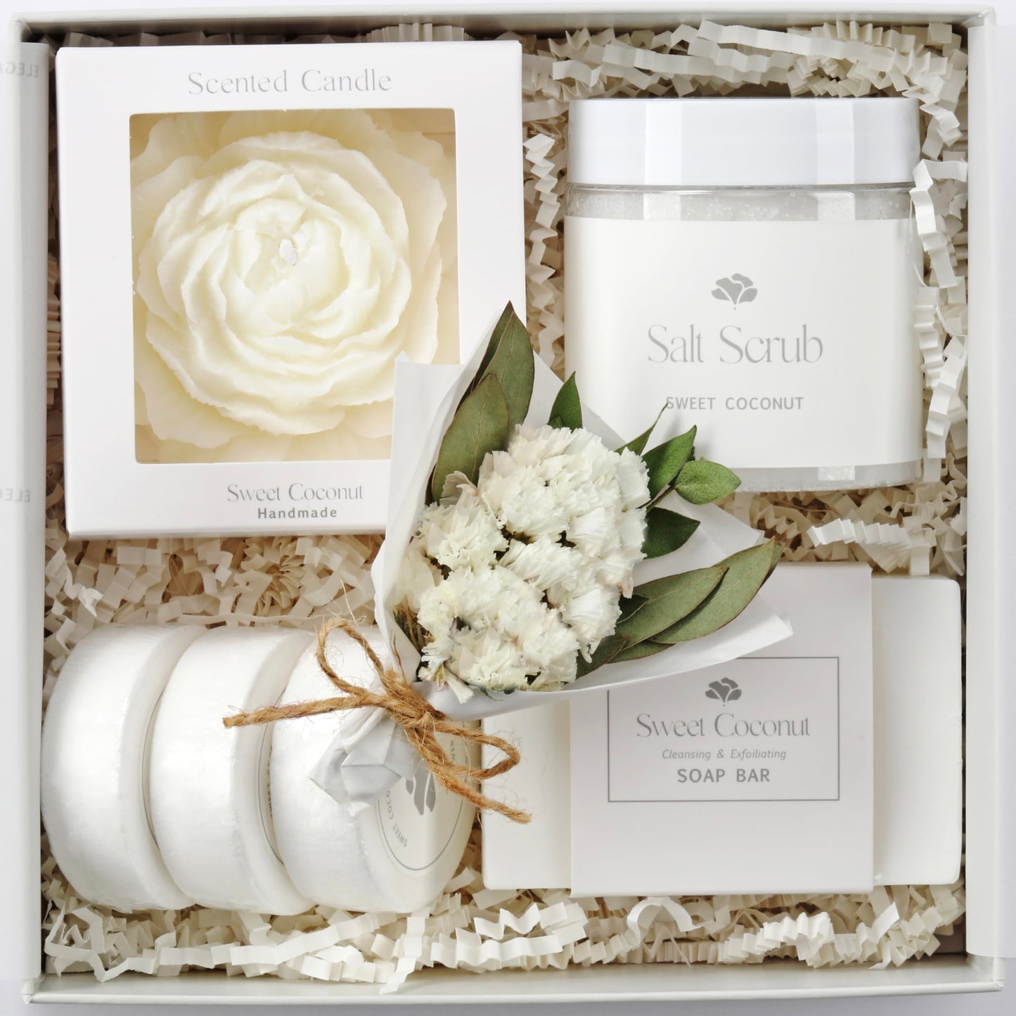 Sweet Coconut Spa Gift Set for Women – Relaxation Gift Basket with Candle, Soap, Salt Scrub & Shower Steamers – Birthday, Thank You, Bridal Shower & Self Care for Mom, Wife, Sister, Friend