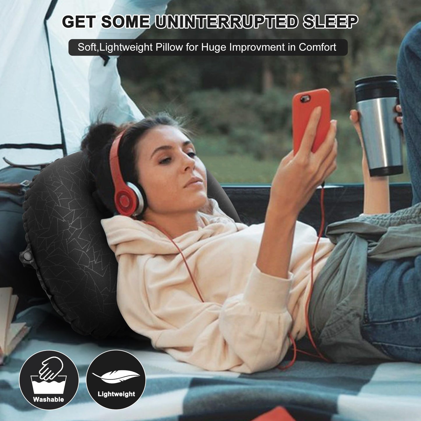 BreezCamp Inflatable Camping Pillow, Travel Blow Up Air Pillow, Neck Lumbar Support Ultralight Compact Pillow for Outdoor Hiking Backpacking Car Beach Airplane Sleeping Essentials, Black