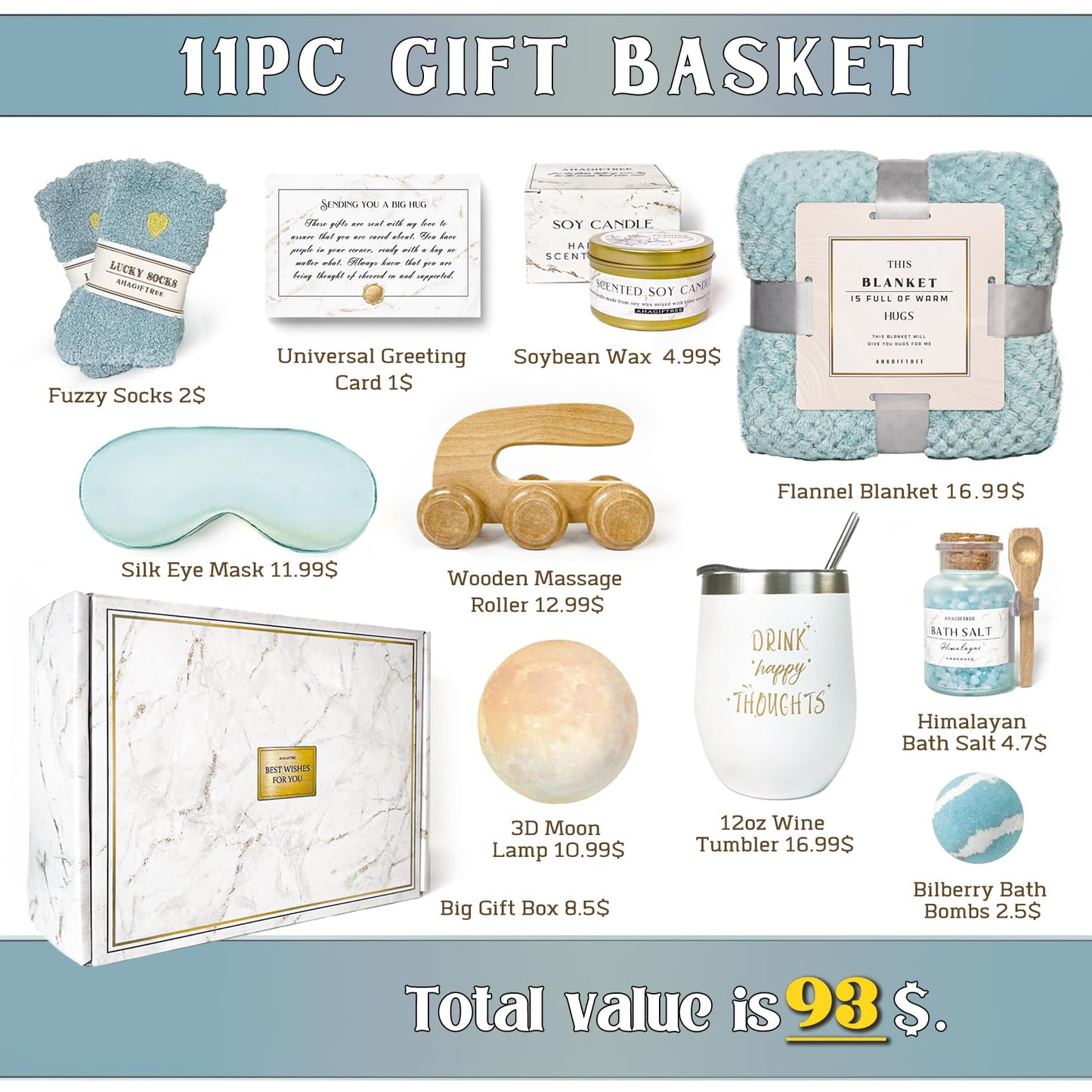 Birthday Gifts for Women Self Care Gifts Get Well Soon Gifts Baskets for Women After Surgery with moon lamp, 11PC Spa,Thinking of You Gift, Care Package for Mom Friend (turquoise)