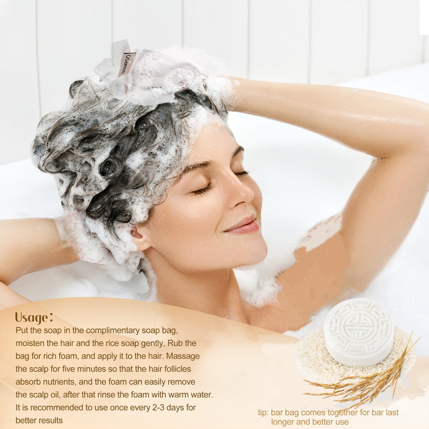 Leafinty Rice Water Shampoo Bar - 2 in 1 Fermented Rice Water Solid Shampoo and Conditioner for Hair Growth and Moisturizing - Vegan, pH Balance, Zero Waste, 3.5oz