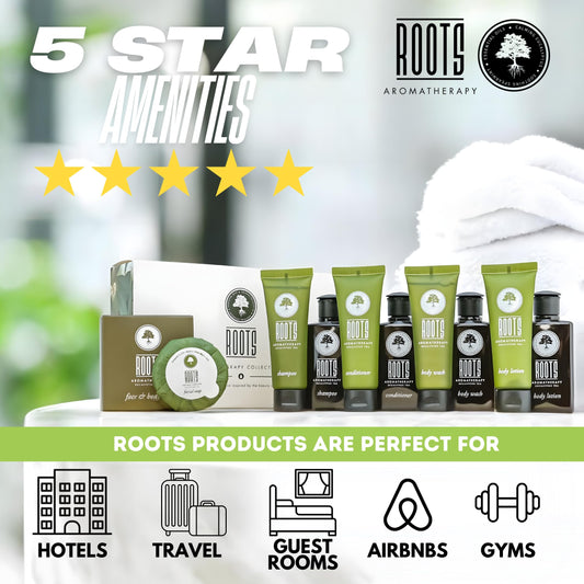 ROOTS AROMATHERAPY Airbnb Travel+Essentials Shampoo and Conditioner Sets Body Wash Lotion & Soap,Guest Bathroom Essentials Toiletries Kit Bulk Mini Set Kits Sulfate Free Air Bnb Toiletry (10 Count)