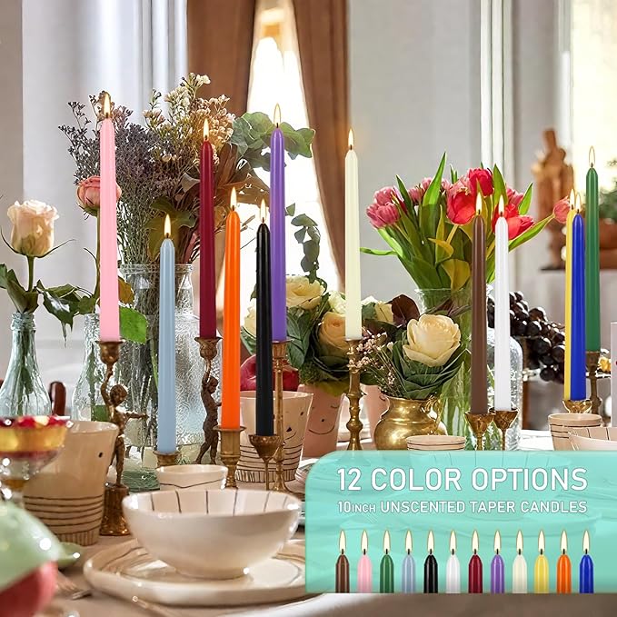 24 Pack 10" Tall Colored Taper Candles, Dripless Unscented Colorful Candlesticks for Birthdays Dinner Party Home Décor, Long Burning Spell Chime Candles for Meditation.