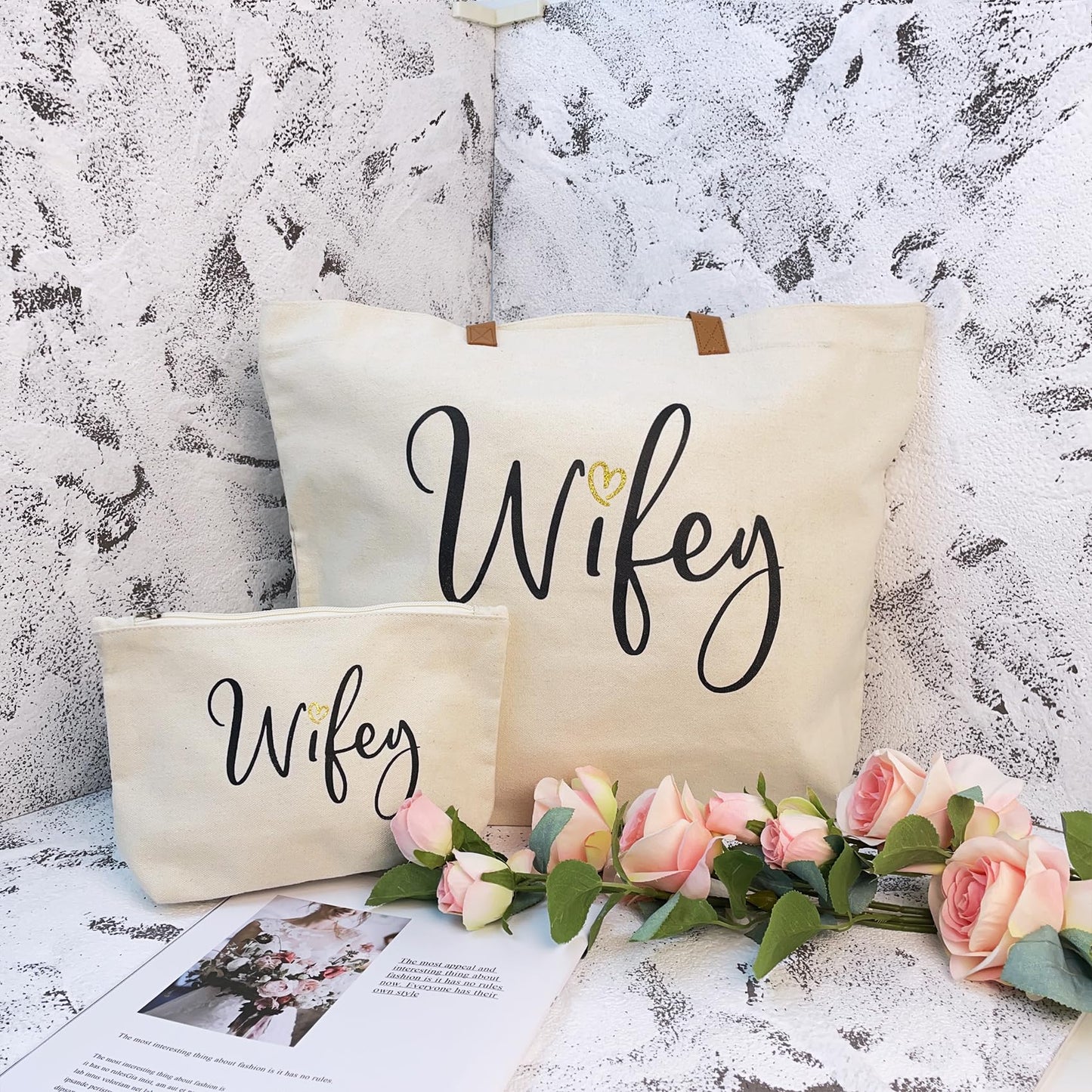ELEGANTPARK Wifey Bag Wifey Gifts Wedding Gifts for Bride Bridal Shower Bachelorette Party Honeymoon Large Travel Shoulder Bag Canvas Totes with Zipper Set of 2