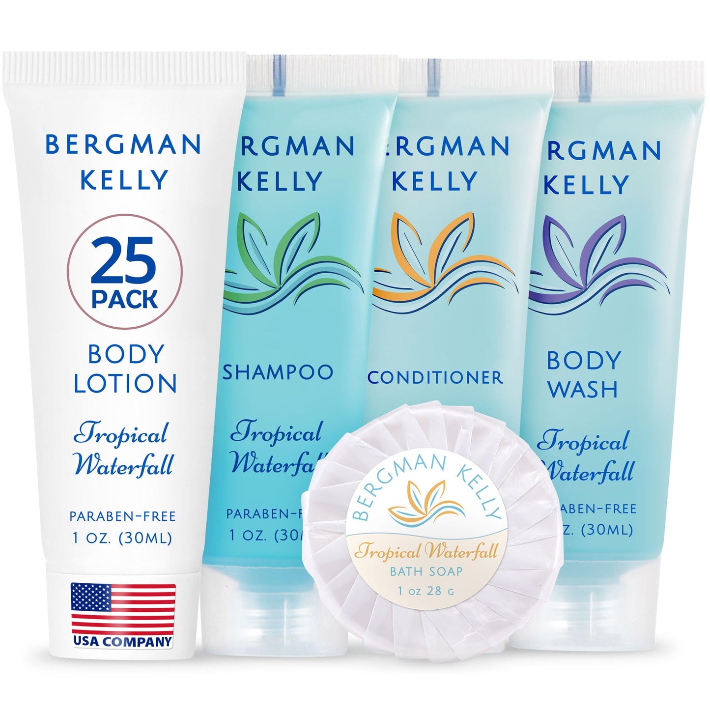BERGMAN KELLY - Hotel Toiletries Bundle - Tropical Waterfall, 1 oz each, 125 Pieces - 5-Piece Set: 25 each Round Bar Soap, Shampoo, Conditioner, Body Lotion & Body Wash - Bulk Mini Guest Amenities