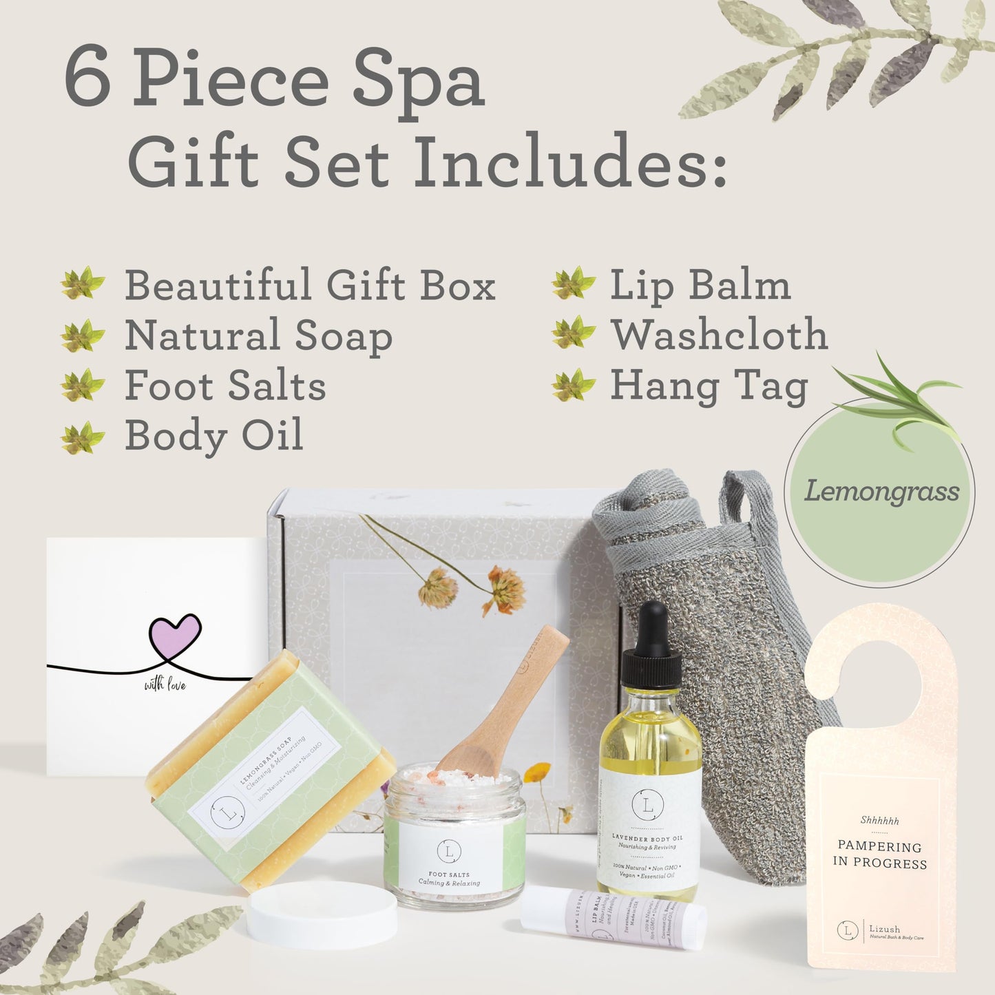 Lizush Lemongrass 6-Piece Spa Gift Set for Women - Relaxing Self-Care Basket, Luxury Handmade Body Care Items for Premium Relaxation - with Love - Handmade in The USA