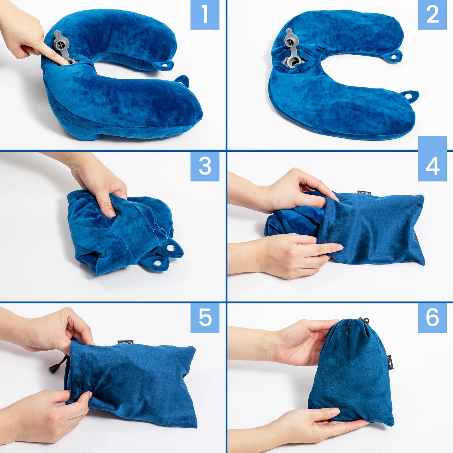 Anmerl Inflatable Travel Pillow Soft Velvet Portable Neck Pillow with Storage Bag for Airplane Train Car Office