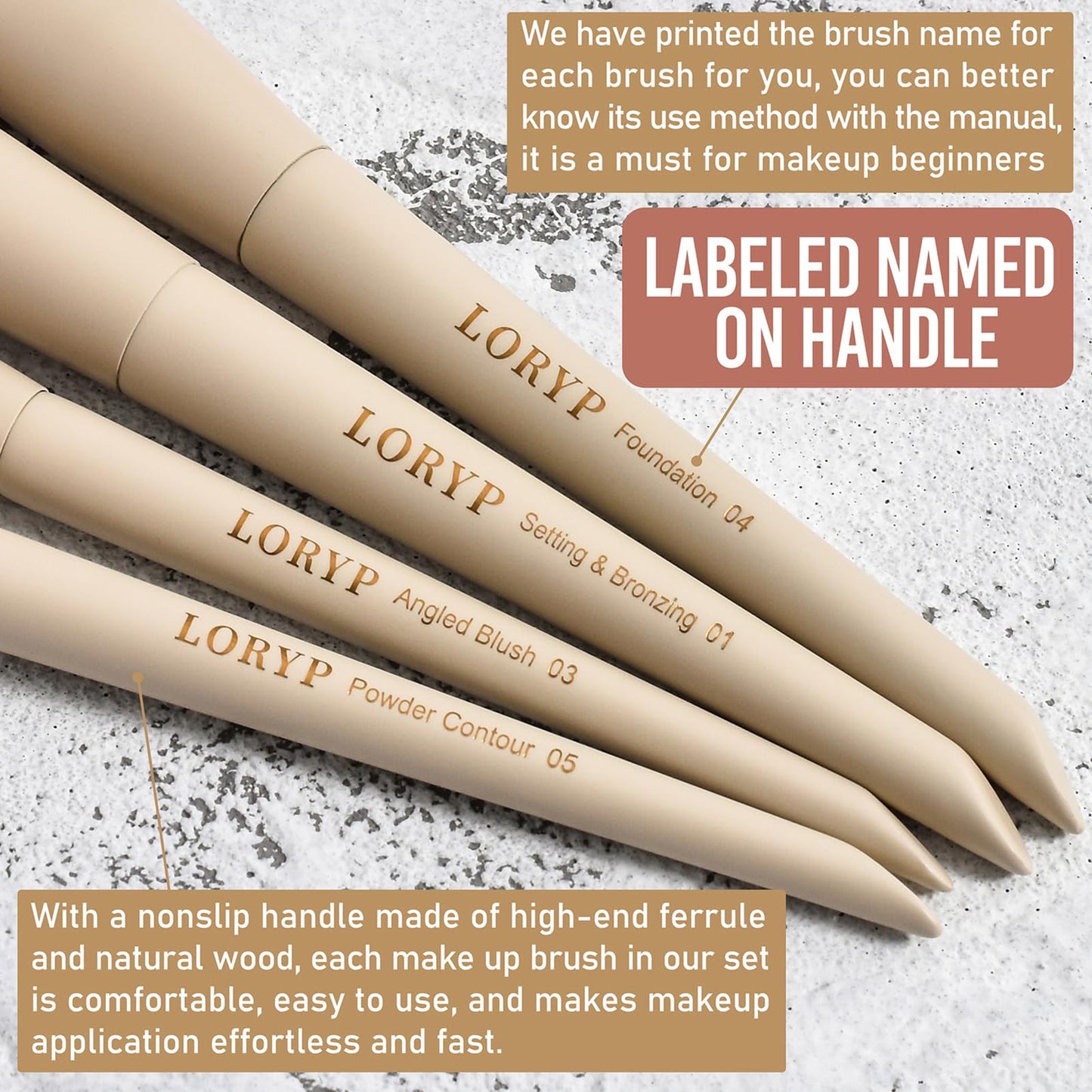 LORYP 18 Piece Makeup Brushes Set Labeled Face and Eye Brush Set Complete with Foundation, Concealer, Contour, Blending, Blush, Eyeshadow Brushes with Travel Holder Case