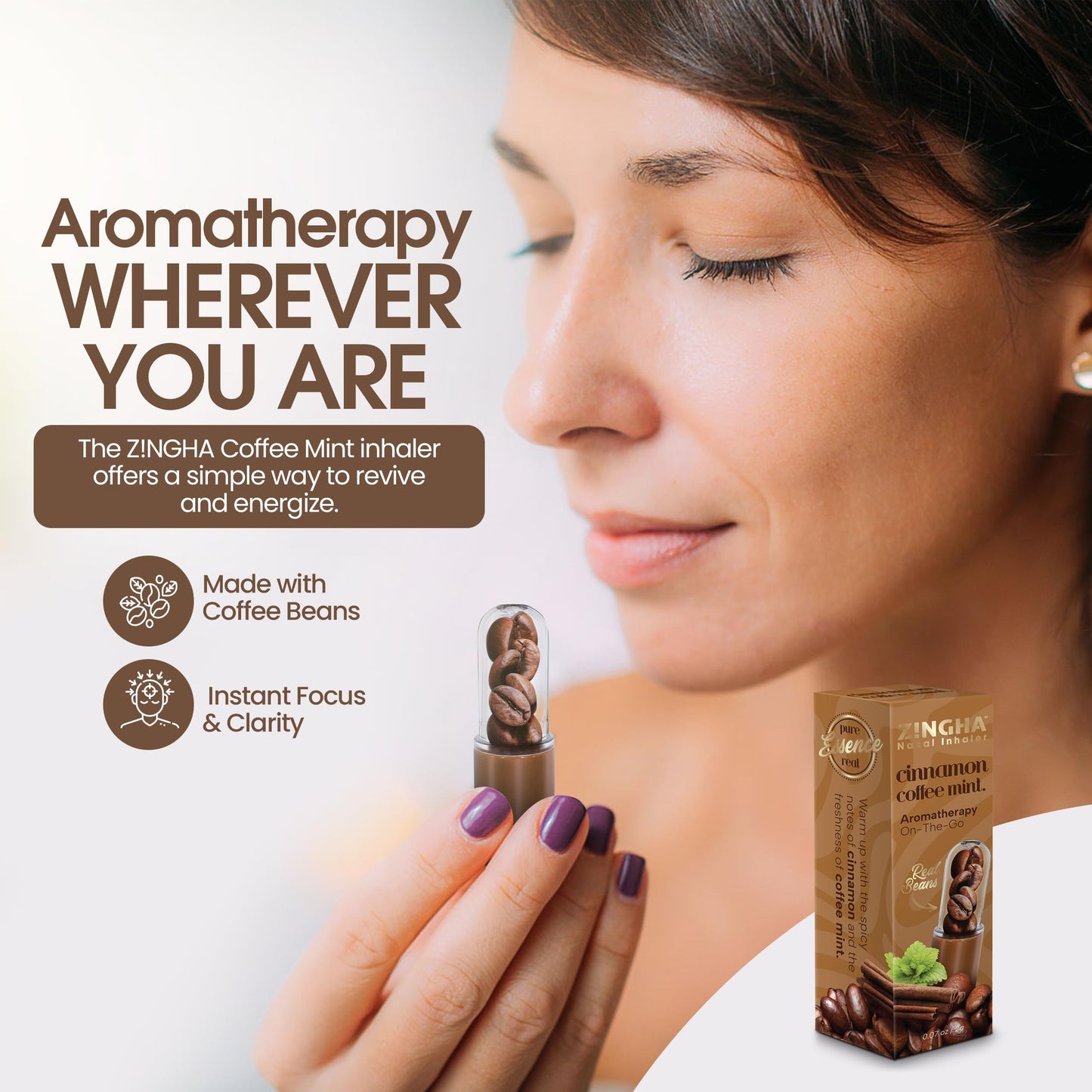 ZINGHA Coffee-Mint Aromatherapy Stick – Natural Energy, Focus & Sinus Support, Portable Wellness Inhaler (Single, Cinnamon Coffee Mint)