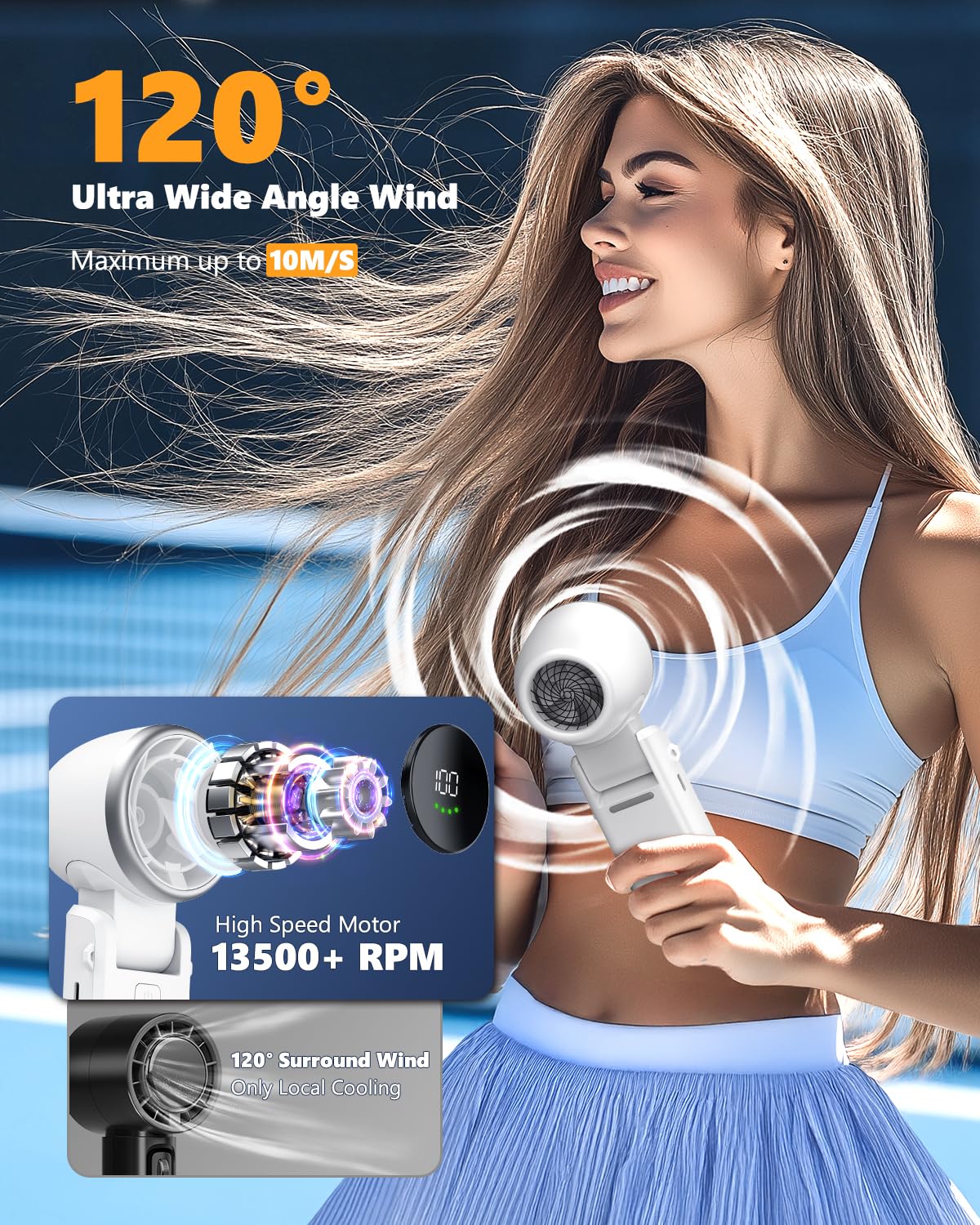 Portable Handheld Turbo Fan, Stepless 100 Gear Wind Rechargeable Personal Hand Fan, 5000mAh Handheld High Speed Fann with Air Turbo Tech, 3 IN 1 Pocket Fans Travel Fans for Outdoor/Indoor Activities