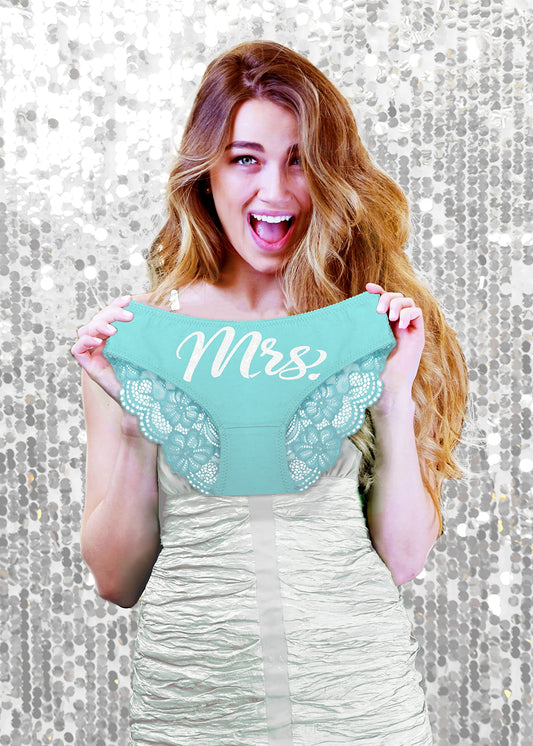 Bridal Panties - SET OF 2: White Mrs Aqua Blue Inset Bikini Panty & Aqua Bride White Lace Thong - Honeymoon, Bachelorette Party, Bridal Shower Lingerie Gifts - Large Set(AqBd WhtTh/WhtMrs AqBk)Lg