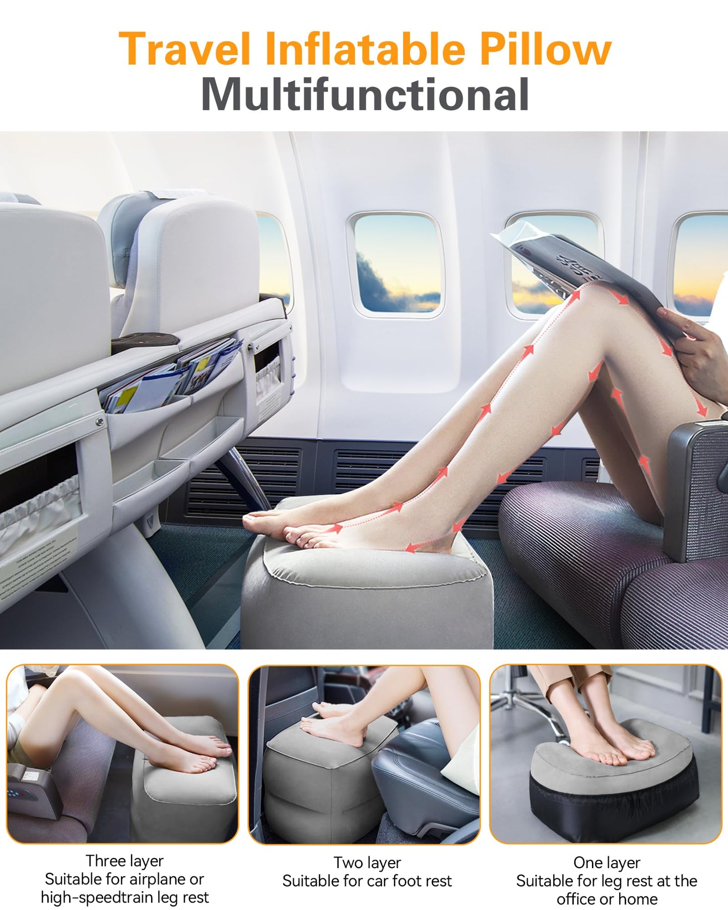 Sunany Inflatable Foot Rest Pillow for Travel, Kids/Adults Airplane Travel Pillow-Adjustable Height Cushions,for Kids to Sleep While Traveling,Suitable for Office, Home and Any Travell (1 Pack)