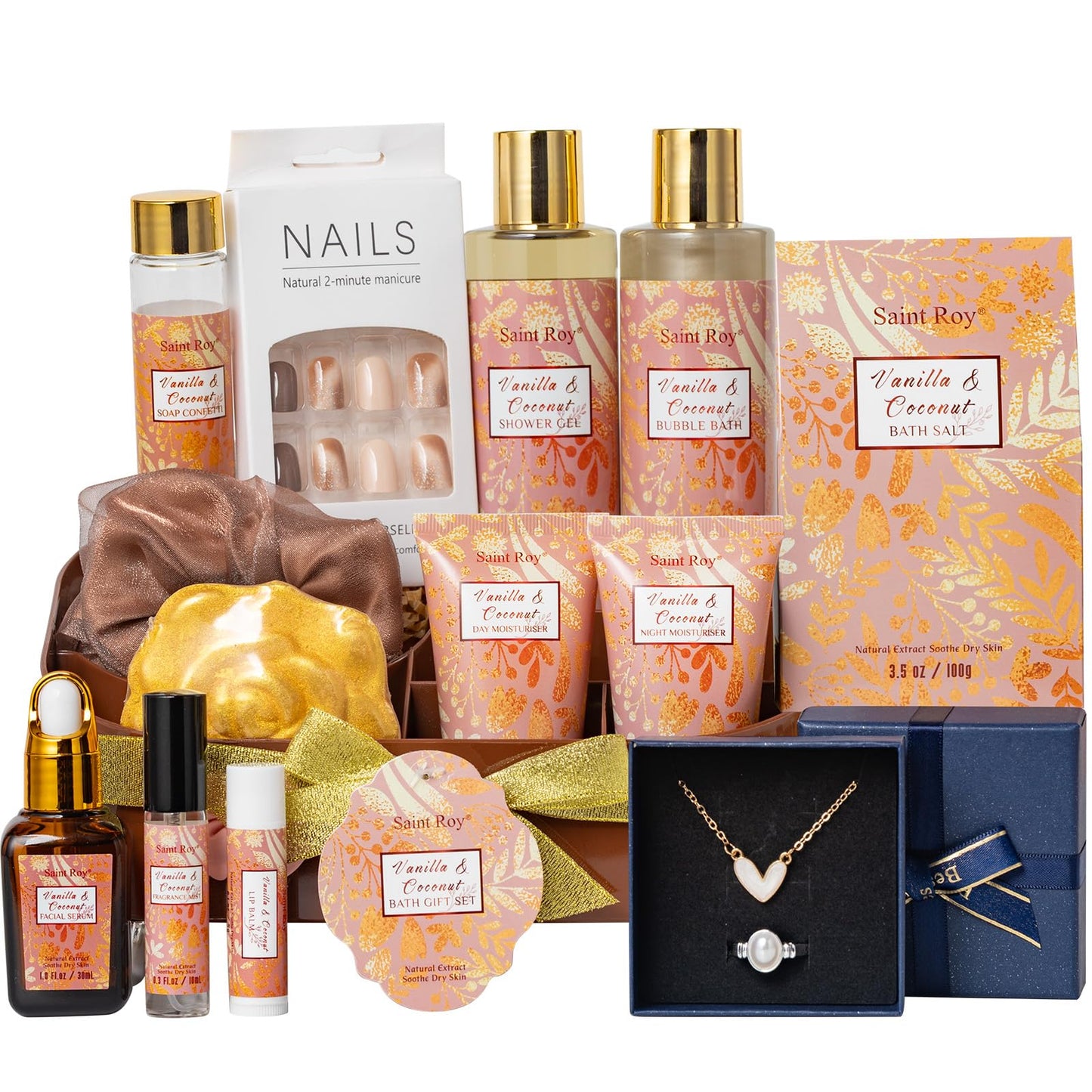 Luxury Gifts for Women, 16 Pcs Spa Gifts for Women of Coconut & Vanilla Scents Skin Care Kit, Facial Kit with Face Day Cream, Night Cream, Skincare Set, Skin Care Set Wrap in Makeup Storage Box