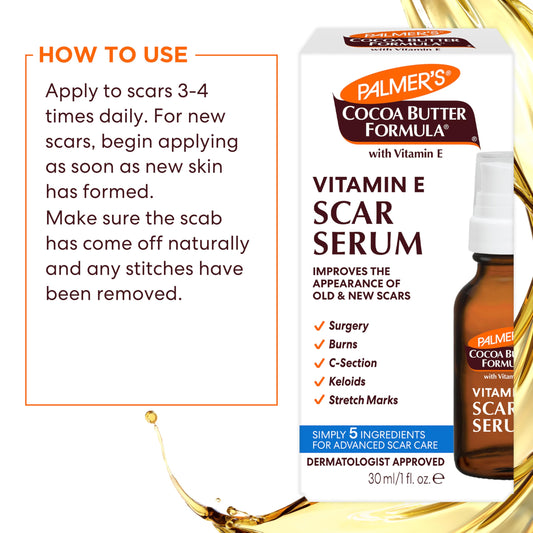 Palmer's Cocoa Butter Formula Scar Serum, Skin Brightening Oil for Face & Body, Concentrated Serum with Vitamin E, Fragrance Free, 1 Fl Oz