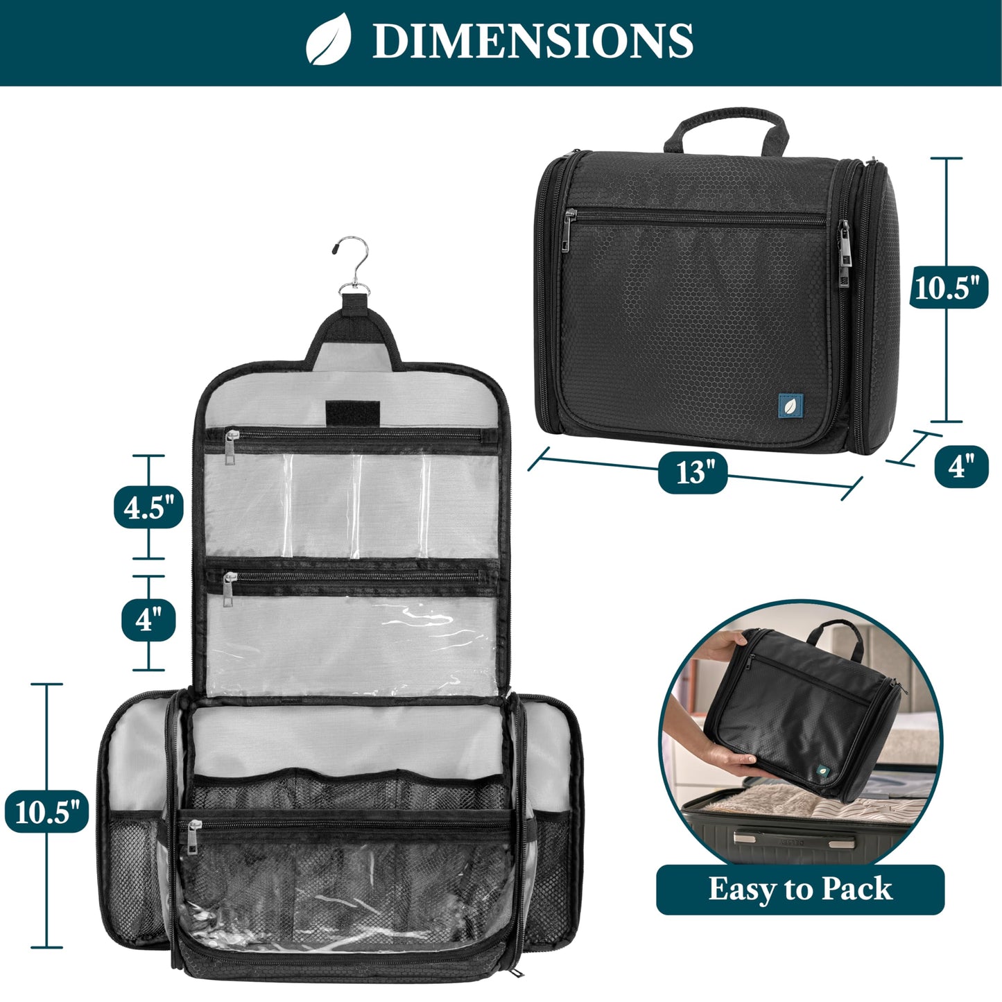 PAVILIA Large Hanging Toiletry Bag Travel Bag Women Men, Cosmetic Organizer, Water Resistant Makeup Bag Accessories Toiletries, Travel Essentials Kit, Black