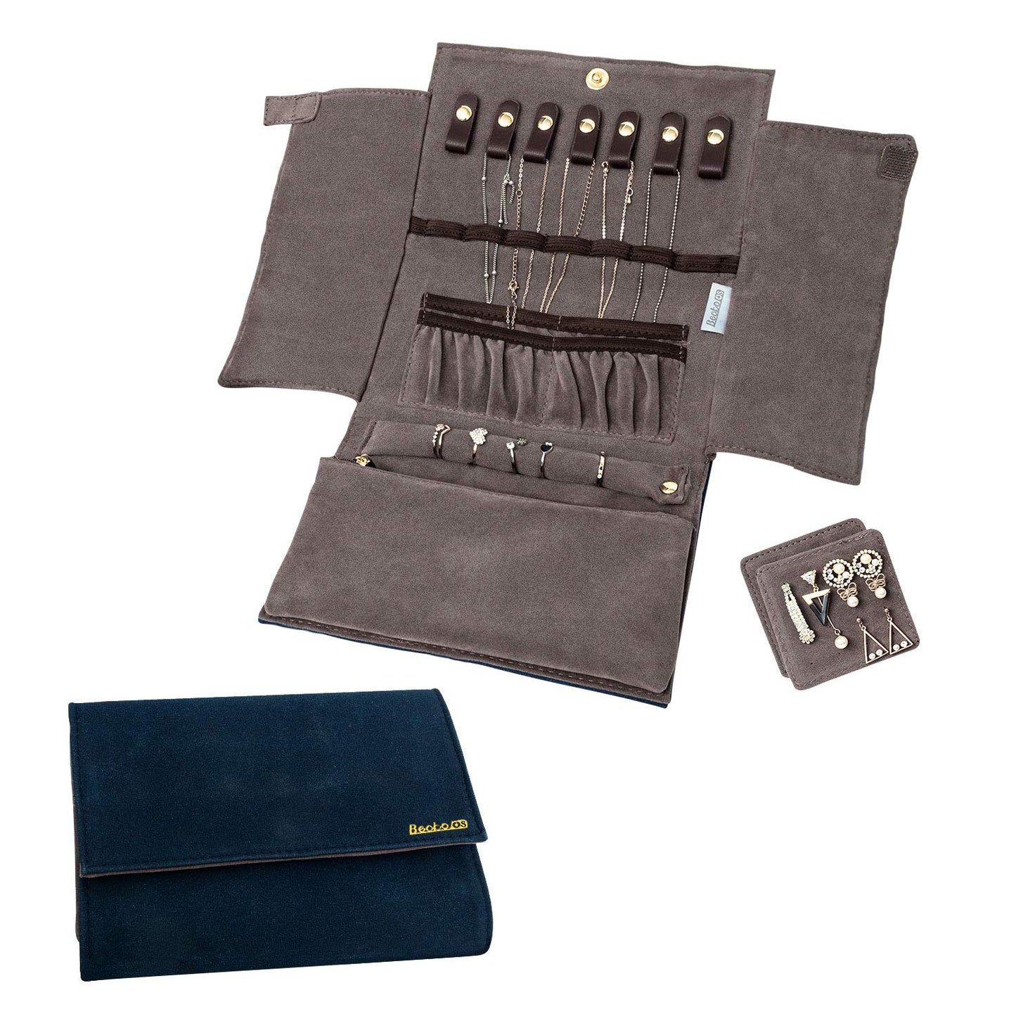 Becko US Jewelry Organizer Roll Travel Jewel Bag case for Multiple Necklaces, Rings, Bracelets, Supple Leather & Suede, Large Capacity Without Crease, Lightweight, Portable & Practical (Dark Blue)