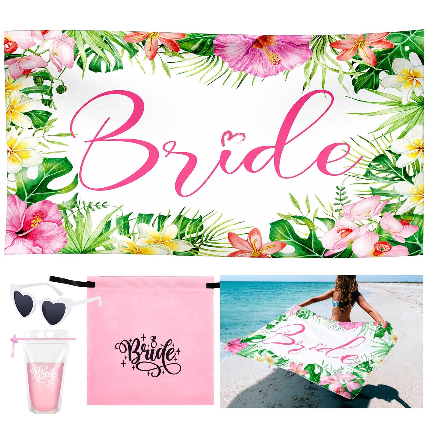 Hunnmingre 4 Pcs Bride Beach Towel Set Bridal Gift Bachelorette Beach Towel Honeymoon Bride Towel Bride to Be Bridesmaid Favors Engagement Party Supplies for Wedding Bachelorette Party, 63"x33"(Aloha)
