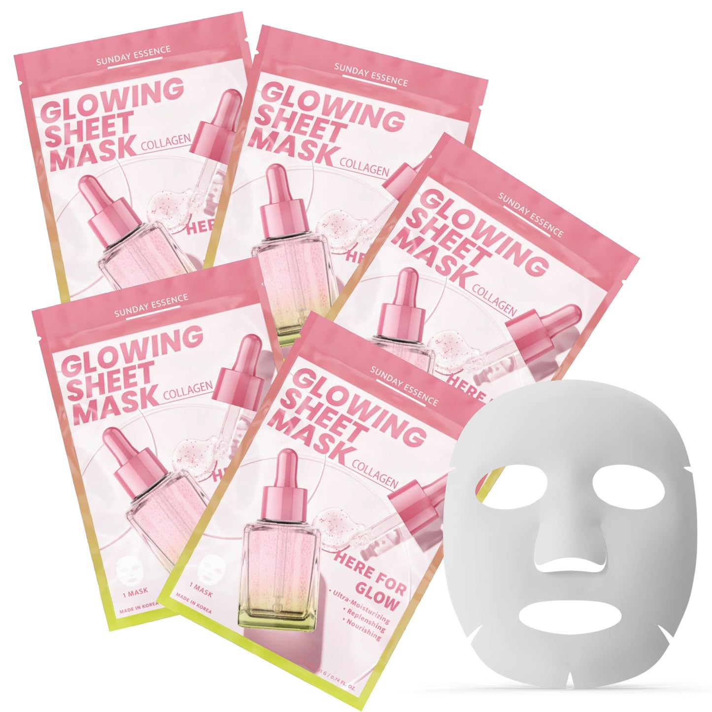 Sunday Essence Collagen Face Mask – Dermatologist Tested, Anti-Aging, Korean Skin Care, Firms Hydrates Strengthens Barrier – Clean Beauty Vegan Sheet Mask for Dry Sensitive Skin – 5 Sheets