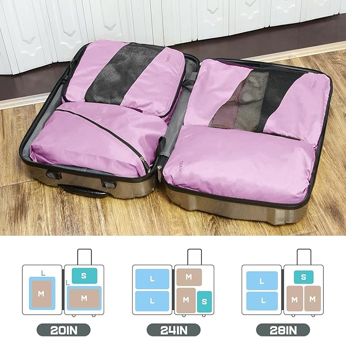 Compression Packing Cubes for Travel 6 Sets, Space Saving Vacation Travel Essentials, Travel Accessories for Suitcase Organizer Bags Set, Durable Luggage Organizer Travel Bags (pink)