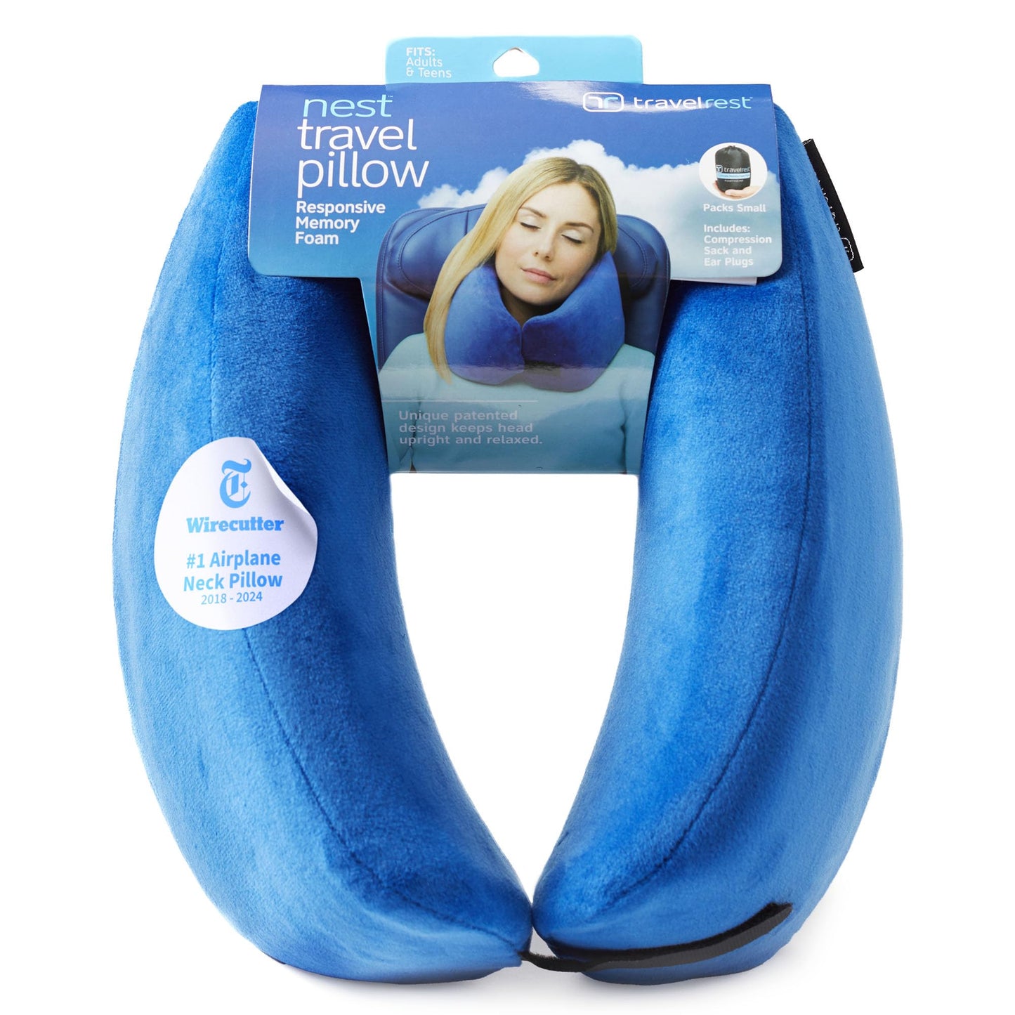 TRAVELREST Nest Neck Pillow Travel Essentials - Memory Foam Pillow and Patented Design, Support for Long Flights, Travel Accessories, Comfortable and Compact, Washable, Attaches to Luggage - Blue