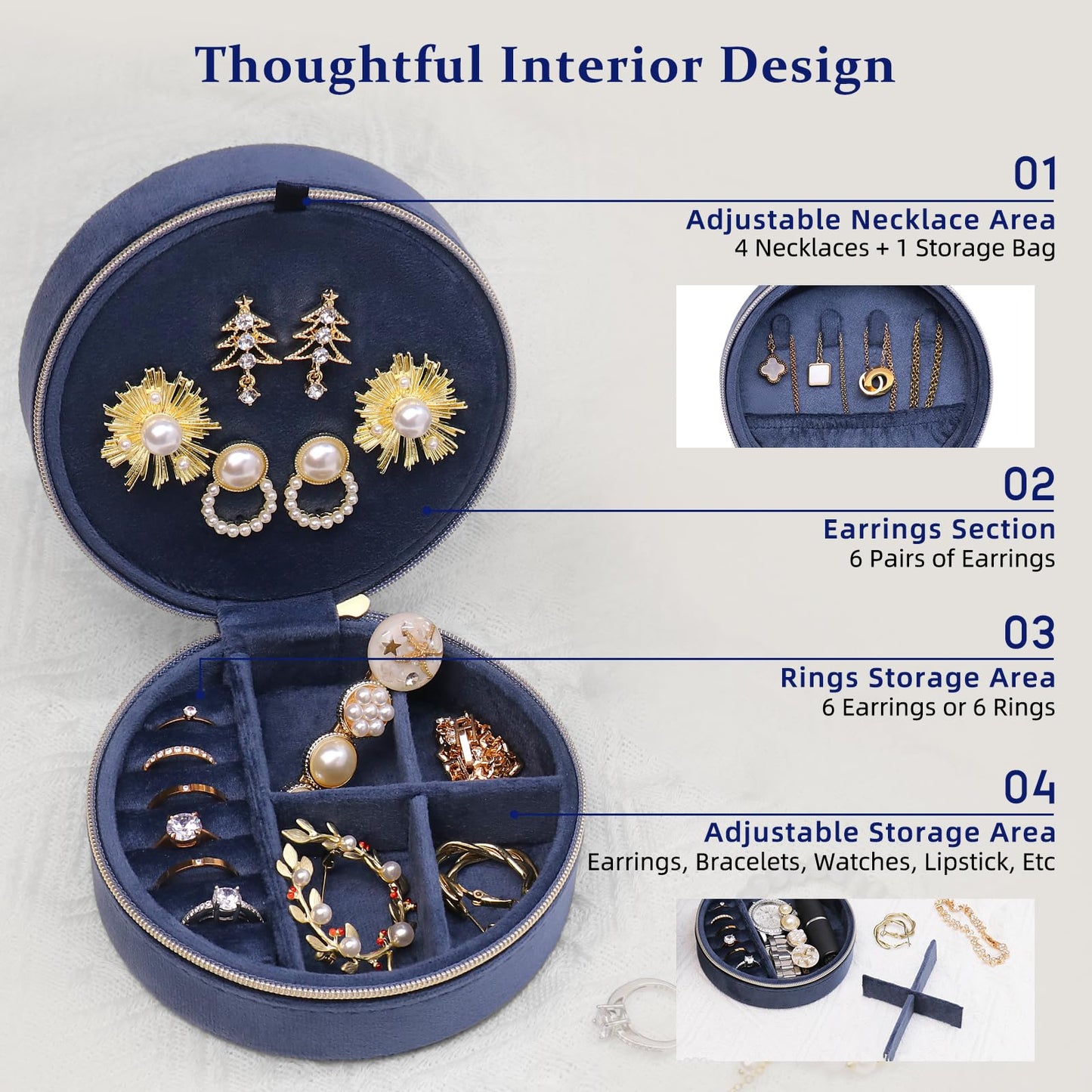 CONBOLA Travel Jewelry Case Small Jewelry Box for Women Girls,Round Velvet Jewelry Travel Organizer,Portable Jewelry Box for Rings Earrings Necklaces Bracelets.(Blue,Large)