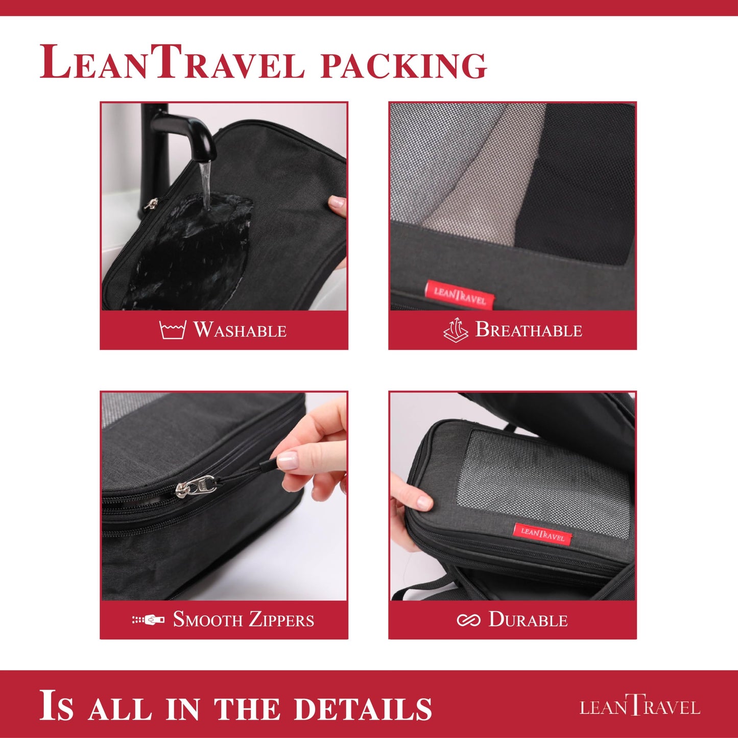 LeanTravel Compression Packing Cubes for Travel Organizers with Double Zipper (6-Pack (2L+2M+2S), Black)