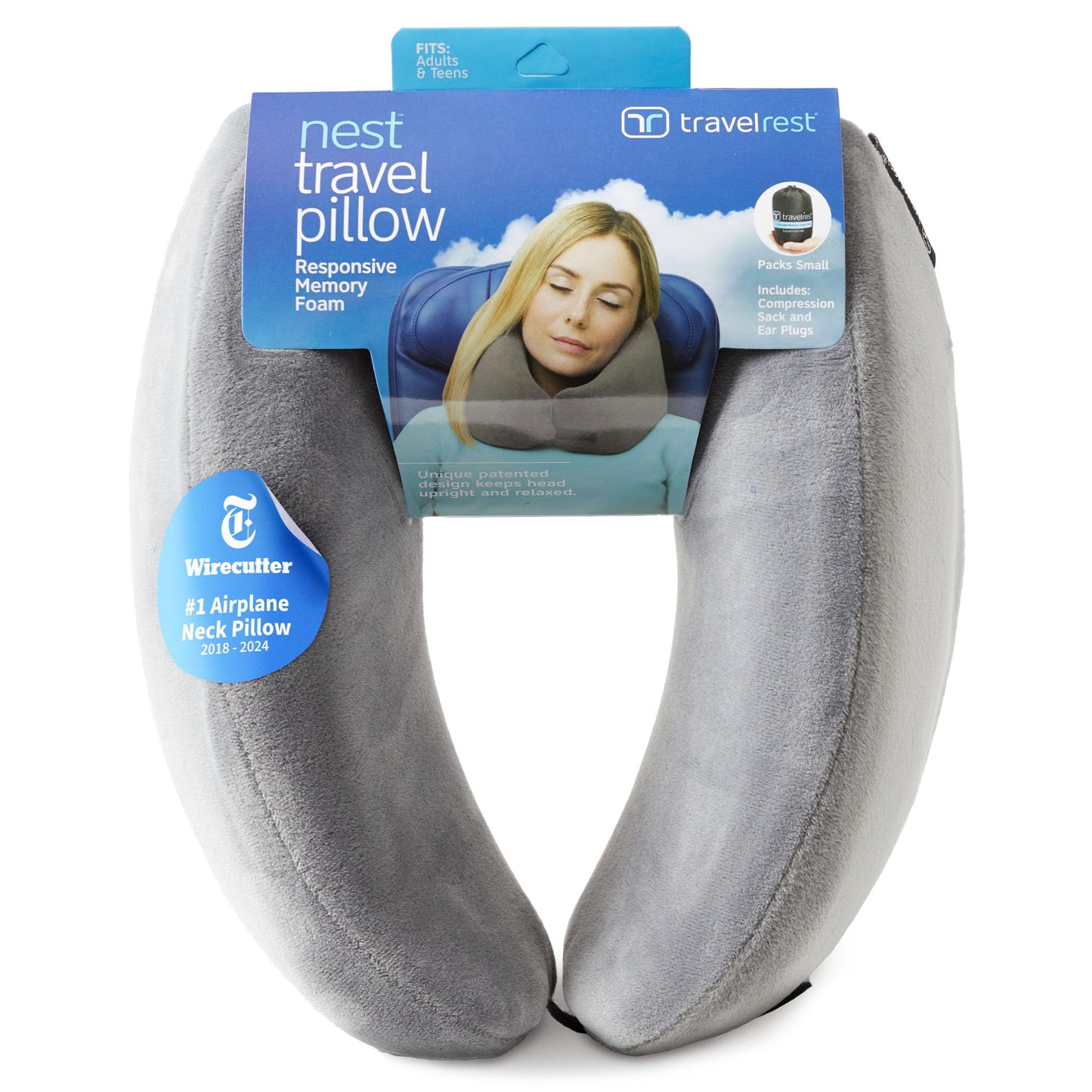 TRAVELREST Nest Neck Pillow Travel Essentials - Memory Foam Pillow and Patented Design, Support for Long Flights, Travel Accessories, Comfortable and Compact, Washable, Attaches to Luggage - Gray