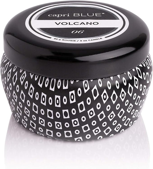 Capri Blue Volcano Scented Mini Tin Jar Candle - Printed Mini Tin Candles for Home Scented with Tropical Fruit & Sugared Citrus - Long Lasting Soy Wax Blend - Black (3 oz)