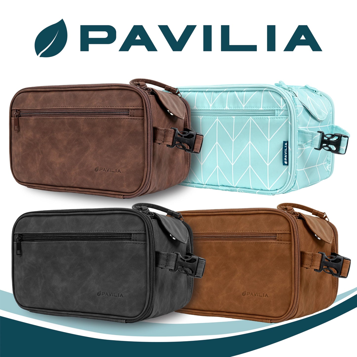 PAVILIA Large Toiletry Bag for Men Women, Mens Travel Bag Toiletries Organizer Case for Grooming, Travel Essentials Shaving Dopp Kit, PU Leather Water Resistant Cosmetic Pouch, Dark Brown