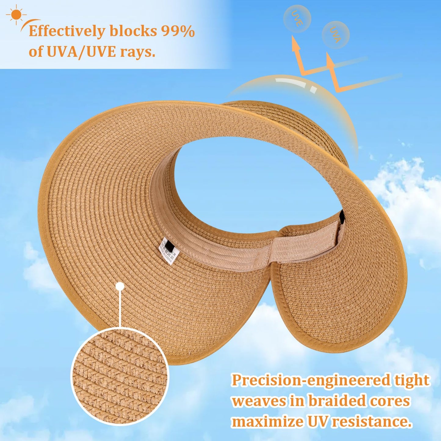 Sun Visor Hats for Women, Summer Packable Straw Beach Hat UV Protection 2025, Women's Ponytail Hat, Foldable Travel- Khaki