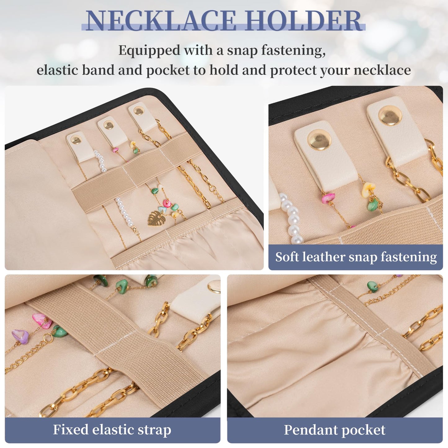 LASUK Travel Jewelry Holder Organizer Case, Foldable Jewelry Roll Storage Bag for Necklaces Rings Earrings Bracelets, Large, Black