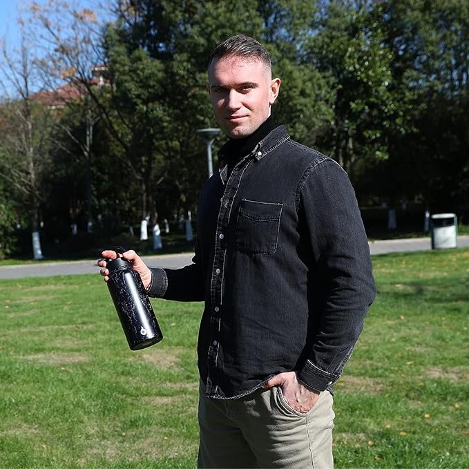 BJPKPK Insulated Water Bottles with Straw Lid, 32oz Metal Large Water Bottle with 3 Lids, Reusable Leak Proof BPA Free Thermos, Stainless Steel Canteen Water Bottle for Sports, Gym & Travel-Oasis