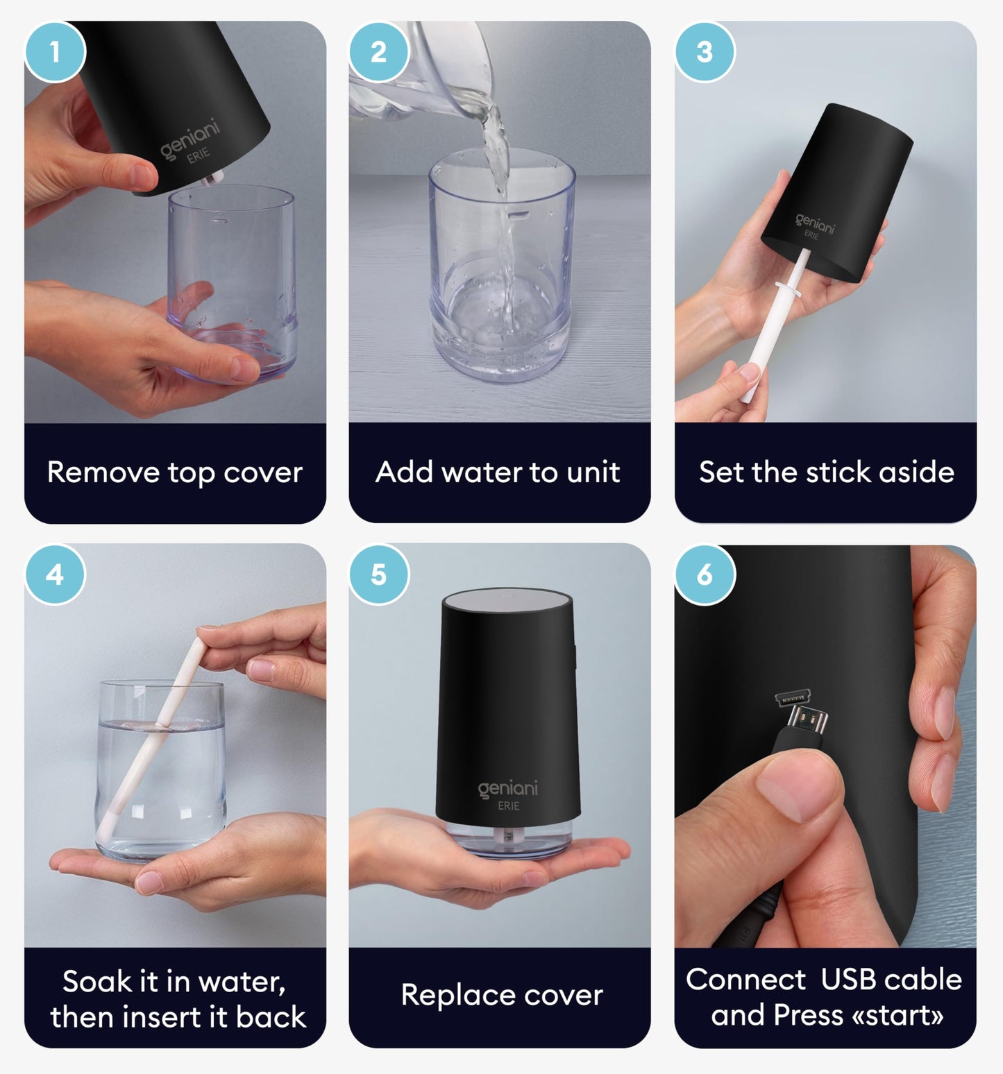 GENIANI Portable Small Cool Mist Humidifier β USB Powered (Not Rechargeable), Compact Desktop Humidifier for Plants, Office, Baby Room β Auto Shut Off & Night Light β Black, 0.25L